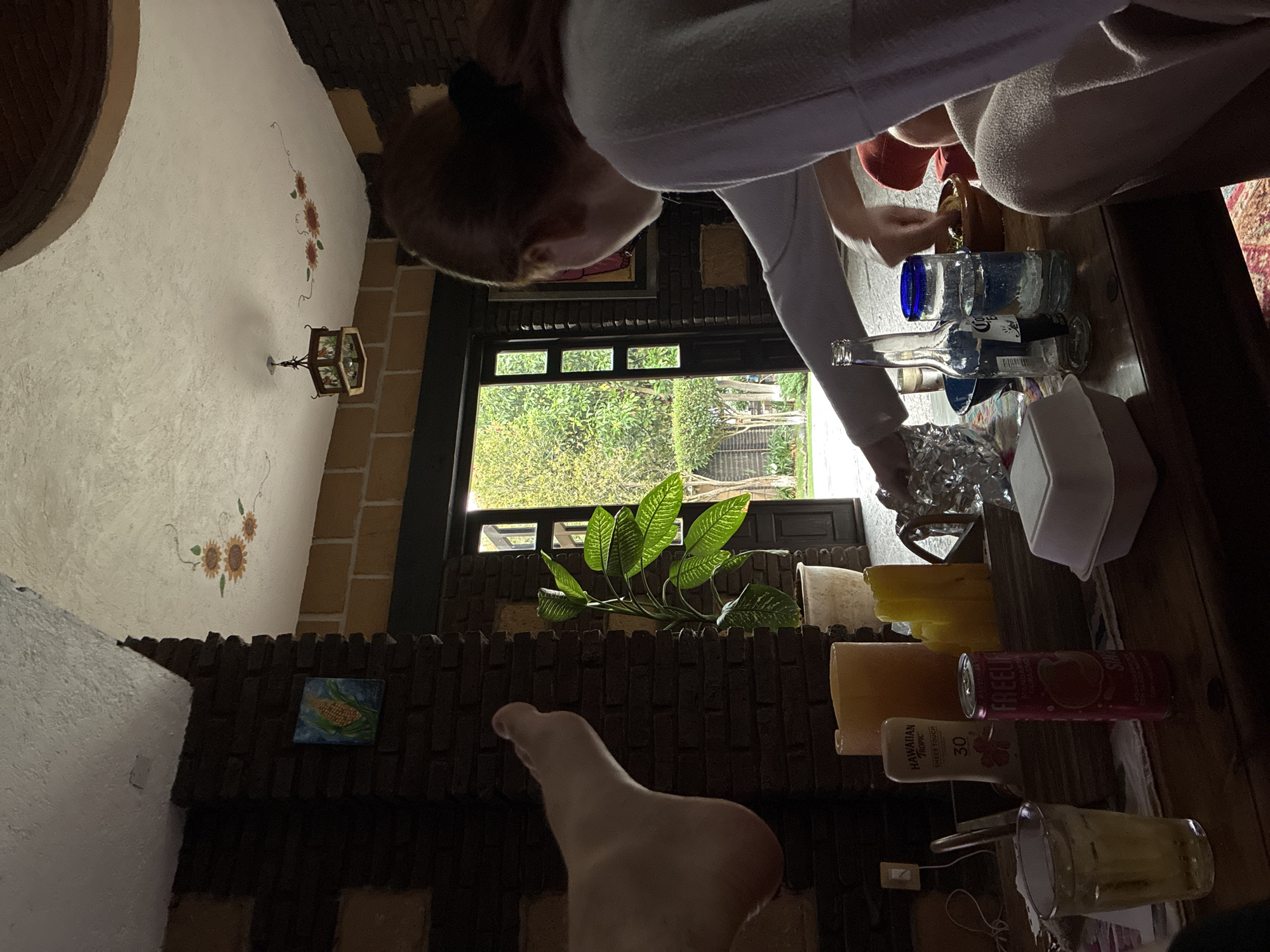 A person stands at a table within a residence, near an open doorway revealing an exterior space with vegetation. The table bears an assortment of items, including bottles, glasses, and containers of various sizes and shapes. A second person is seated at the table. The scene is in Cañada de Madero, Mexico.