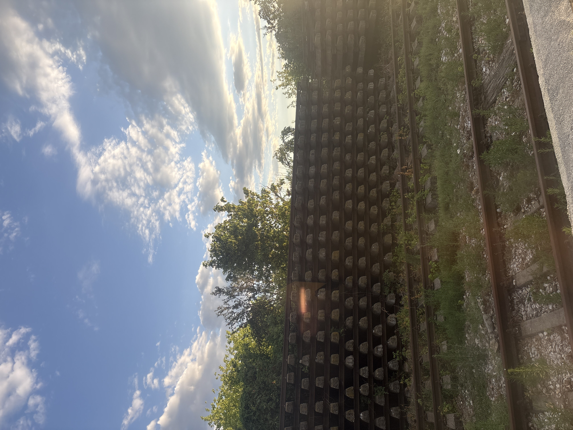 The image depicts a view of stacked concrete railway sleepers or ties, which are arranged in multiple rows. Above the sleepers, a dense line of green trees and foliage is visible, suggesting an outdoor environment with natural elements. The sky above is blue and filled with scattered white clouds, some of which are illuminated by sunlight, indicating it is daytime. Two sets of railway tracks are present in the foreground, with ballast and sparse vegetation growing between and around them. The overall scene appears to be an area near a railway line, possibly a storage yard or an operational track, located in or near the city of Saedinenie, Bulgaria. There are no people or animals visible in the image. The lighting suggests it might be late afternoon or early evening, with the sun casting a warm glow.
