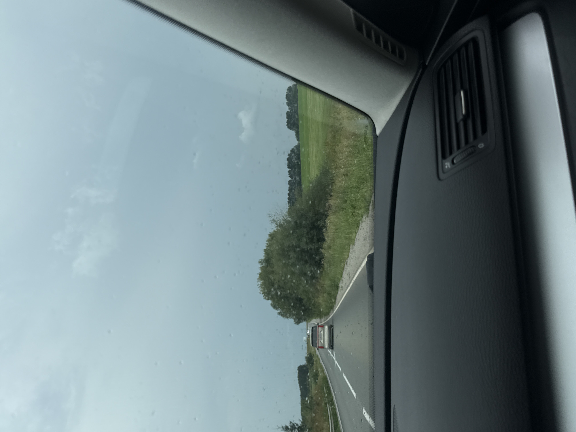 The image shows a view from inside a vehicle, looking forward through a wet windshield. The road ahead is asphalt with white lane markings, and it curves slightly to the right. A silver car is visible in the distance, driving in the same direction. To the right of the road is a grassy area with a large, dense green bush. Further into the distance on the right, there is a field of green grass bordered by a line of trees. The sky is overcast and a muted grey. The interior of the car is visible in the foreground, including the dashboard with an air vent and a strip of silver trim. There are no people clearly visible in the image. The overall scene suggests a drive on a cloudy day, possibly in a rural or semi-rural area, with the location being Perevoznoe, Russia.