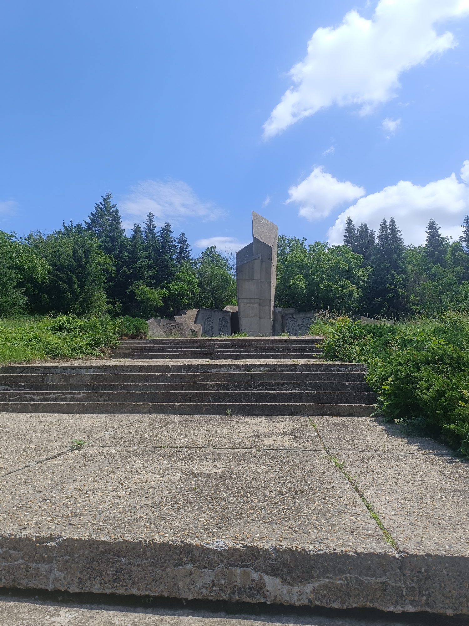 The image depicts an outdoor concrete memorial situated in Targovishte, Bulgaria. Specifically, this is the Monument of the First Congress of the Bulgarian Social Democratic Party, located within the Park Borovo Oko.
In the foreground, a wide, multi-tiered concrete staircase ascends towards the monument. The concrete steps and landings exhibit a coarse, exposed aggregate finish, consistent with weathering and age. Cracks are visible in the concrete surfaces, with various weeds and grass emerging from these fissures and along the edges of the steps.
Mid-ground, at the top of the stairs, the main monumental structure is visible. It consists of multiple large, angular concrete blocks. The most prominent feature is a tall, irregularly shaped concrete slab positioned slightly to the right of the central axis of the stairs. To its left, and further back, are lower concrete structures. One of these appears to incorporate bas-relief carvings or panels depicting figures or scenes, though specific details are obscured by distance and angle.
The monument and stairs are surrounded by dense vegetation. A variety of trees, including coniferous evergreens (pines or firs) and deciduous trees, form a thick canopy and backdrop. Overgrown bushes and tall grasses cover the ground around the concrete structures, further indicating a naturalized or minimally maintained environment.
The sky overhead is clear blue with scattered white cumulus clouds, particularly concentrated on the right side of the frame. The lighting suggests a bright, sunny day, with shadows indicating the sun is positioned high in the sky. No people, animals, or discernible actions are present in the scene.