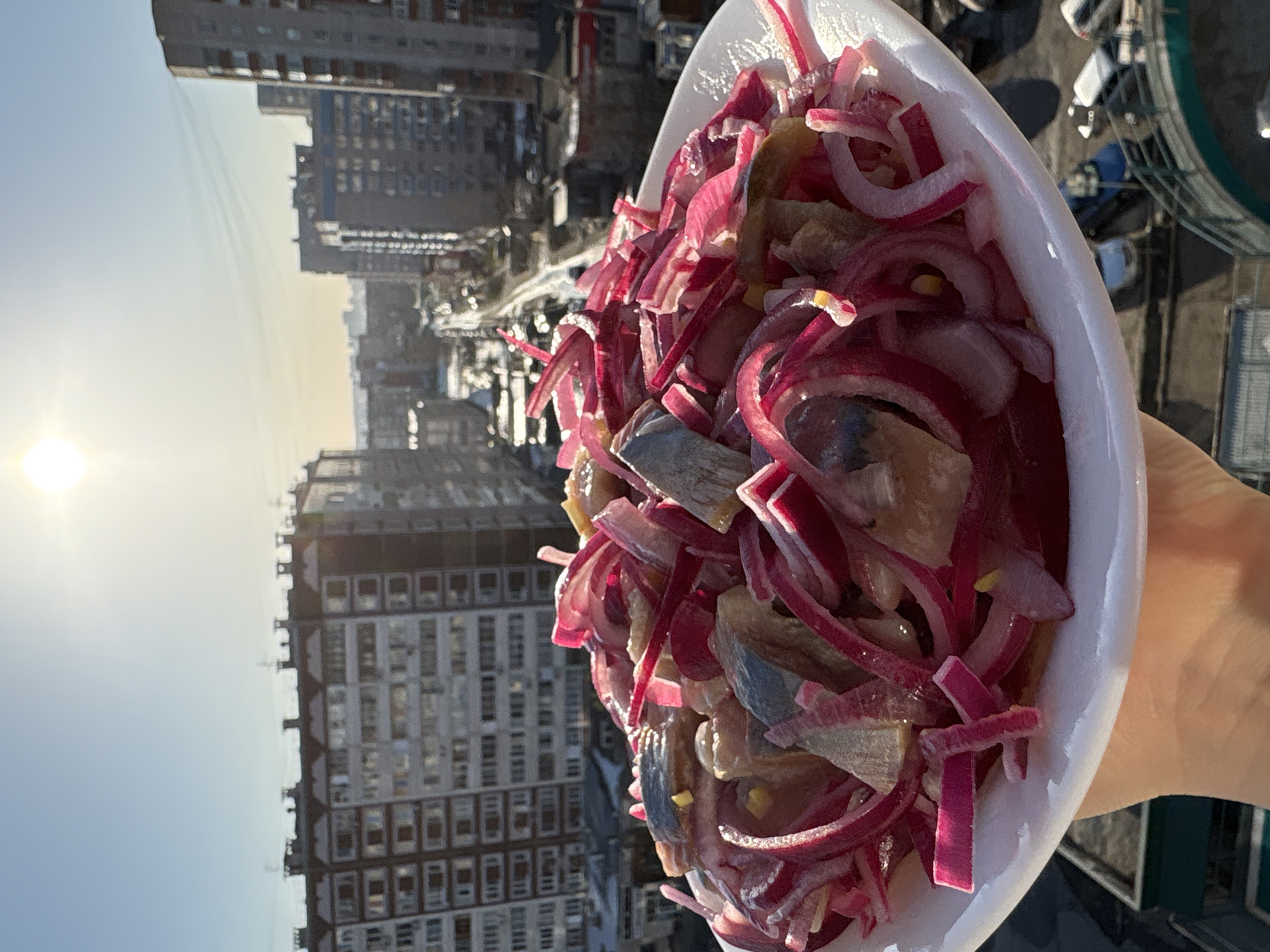 The image shows a white bowl filled with herring and red onion salad, held up against a cityscape. In the background, there are several tall apartment buildings with many windows, typical of urban residential areas. The sun is visible in the sky, suggesting it's either sunrise or sunset. The location is Izhevsk, Russia based on background. The bowl is being held by a person, as indicated by the hand in the foreground. The focus is on the salad, with a mix of sliced herring and vibrant red onions.