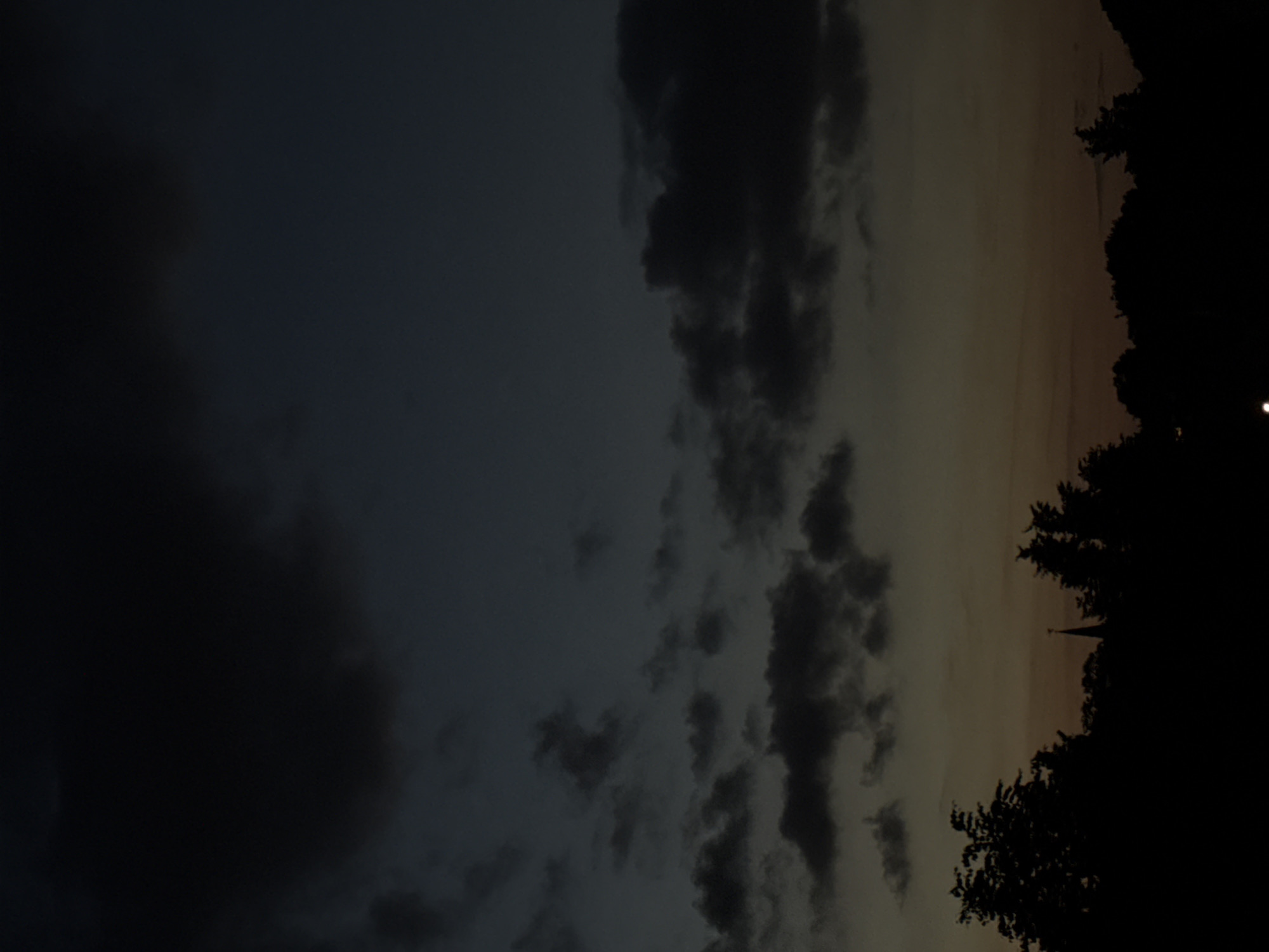 The image depicts an outdoor scene under natural low-light conditions, characteristic of twilight or predawn, within the city of Delmenhorst, Germany. The sky, occupying the upper two-thirds of the frame, exhibits a gradient from dark blue-black at the top, transitioning to a muted orange and yellow hue along the horizon. Numerous dark, irregularly shaped clouds are dispersed across the sky, particularly prominent in the middle and lower sections. The bottom third of the image is dominated by a dark, undifferentiated silhouette of a tree line or dense foliage. A distinct architectural structure, identified as a church spire with a visible weather vane at its apex, rises from this silhouette, positioned slightly left of the central vertical axis. At the very bottom edge of the frame, slightly right of center, a single, small, circular point of artificial light is visible. No people, animals, or specific actions are discernible within the captured scene.
