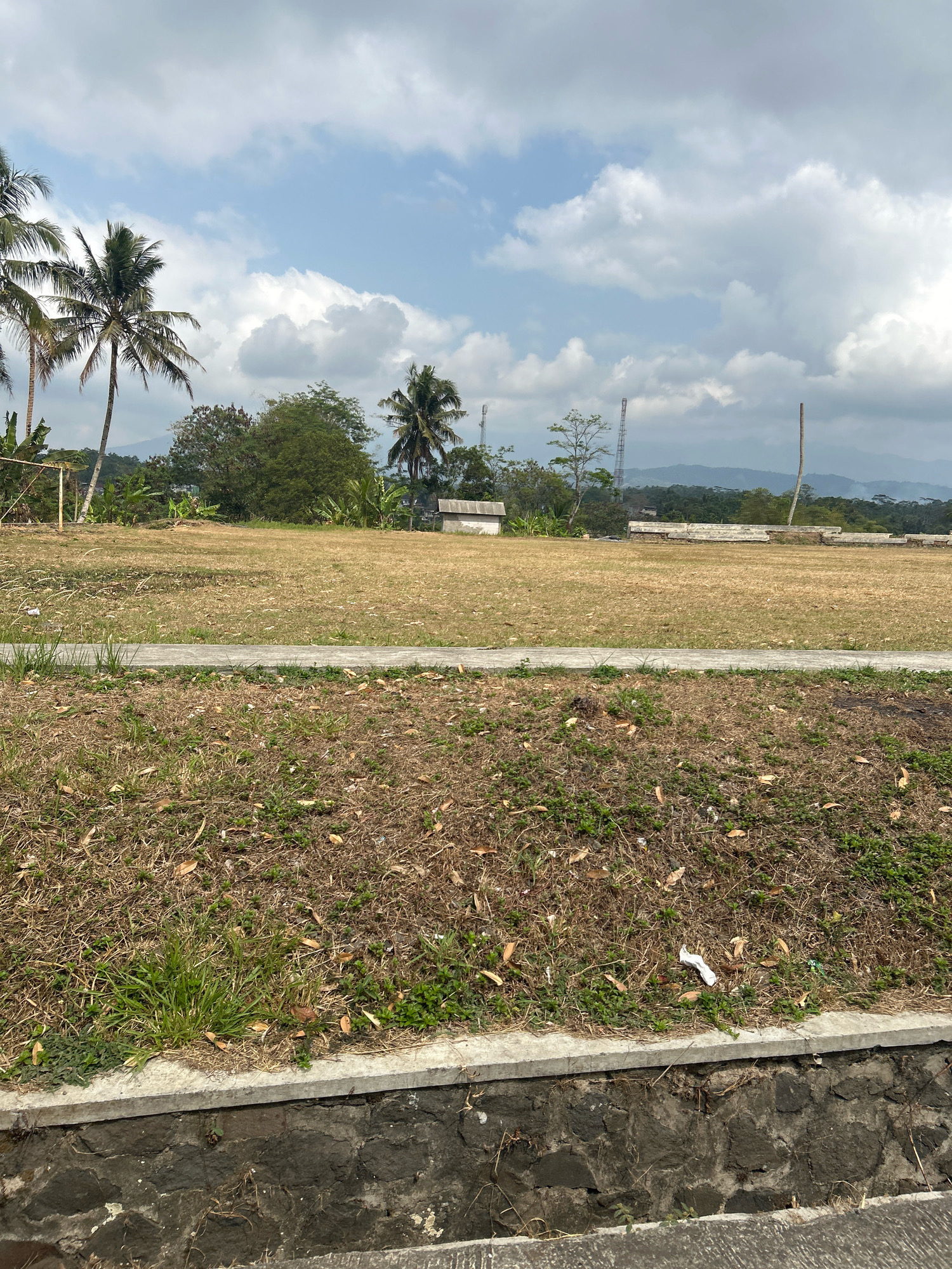 A medium shot captures a dry, grassy field with sparse green patches and fallen leaves, bordered by a concrete path and a stone retaining wall. In the background, palm trees, a small building, and distant hills under a cloudy sky are visible. The scene appears to be an outdoor area, possibly a park or undeveloped land, in Sukasetia, Indonesia.