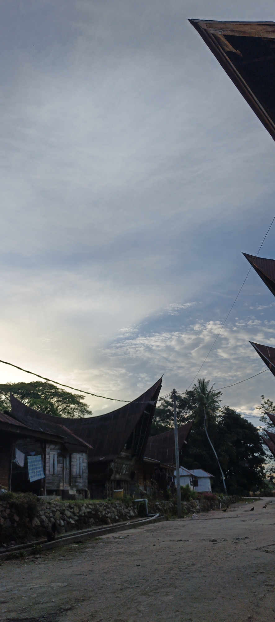 The image depicts a street scene in Cinta Dame, Indonesia, at what appears to be either dawn or dusk, indicated by the soft lighting and cloudy sky. Traditional houses with distinctive, upward-sweeping roofs are visible on the left side of the frame, some appearing weathered. Laundry is hung out to dry on a clothesline in front of one of the houses. A dirt road or path runs across the foreground, with a stone wall bordering the houses. Several birds are scattered across the ground. In the background, lush green trees form a dense backdrop. The sky is a pale blue with wispy clouds, and electrical wires stretch across the scene. The overall impression is one of a rural or semi-rural setting.