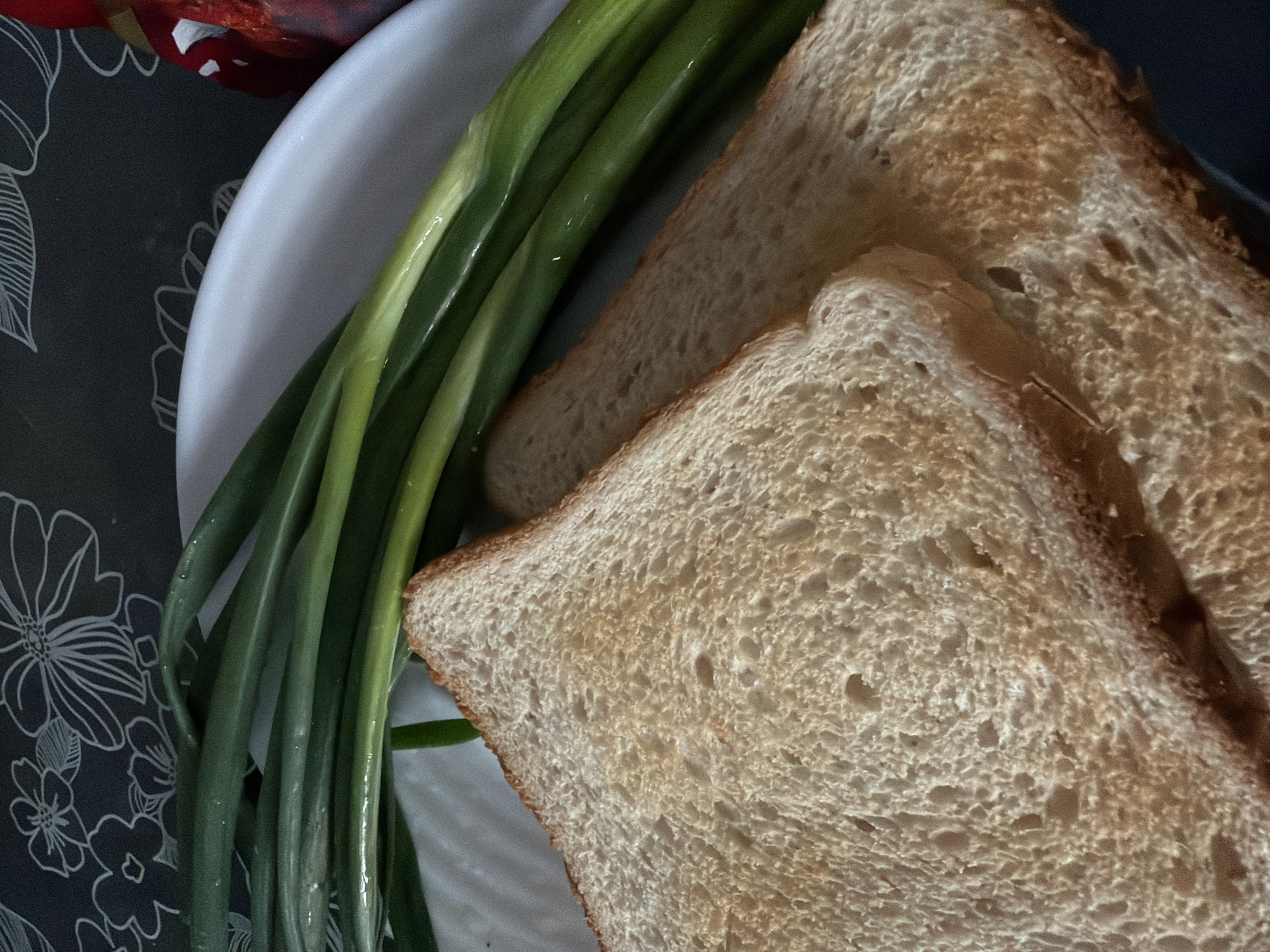 The image shows two slices of toasted bread on a white plate, next to a bunch of green onions. The bread appears to be whole wheat, with a slightly browned crust and a porous, light brown interior. The green onions are fresh and have a vibrant green color, with some visible moisture on their surface. The plate is round and white, with a slightly raised edge. The background is a dark surface with a floral pattern in white. A glimpse of red, possibly from food packaging, is visible in the upper left corner. The scene is shot from a high angle, looking down at the food. There is no visible text in the image. The lighting suggests an indoor setting, likely during the day. The overall impression is of a simple, fresh meal or ingredients prepared for a meal.