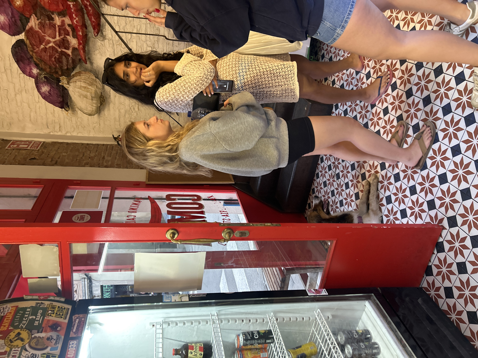 This image captures an indoor scene in what appears to be a casual eatery or shop in Barcelona, Spain. Three young women are standing, casually dressed in summer attire.
In the foreground, a blonde woman wearing a grey hoodie and black shorts stands. Next to her, a woman with long dark hair, clad in a white lacy dress, looks towards the camera while holding a smartphone. Behind them, a third woman in a dark blue top and denim shorts is partially visible. Their footwear includes flip-flops and sneakers. A small dog is seen lying on the patterned floor, which features distinctive red, white, and dark blue star-like tiles.
The wall behind the women is adorned with large, artistic depictions of food items, including red peppers, a cut of meat, purple onions, and garlic, suggesting a culinary theme. A prominent red doorframe or counter spans the mid-ground. Below this, a glass-fronted refrigerator is stocked with various drinks, such as "ichnus" bottles and "CHI" cans. The refrigerator door is covered in numerous stickers with text like "USCANZACAN," "VIENER ZUCKER," "SK RAPID," "FLAWI VEINE," and "40033." Above the red structure, partial signs read "MOD" and "ДАВНИЧИЙ СУГ" (Ancient Juice), along with "Castrovillari." A fire extinguisher symbol is also visible on the wall. The overall ambiance is relaxed and casual.