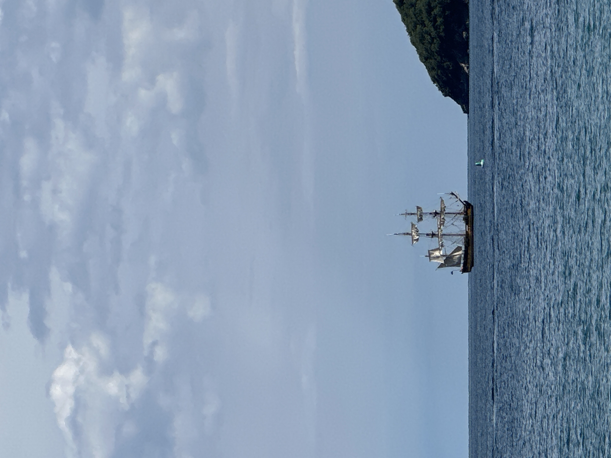 A medium shot depicts a tall ship, reminiscent of a historical sailing vessel, positioned on the Adriatic Sea near Budva, Montenegro. The sea's surface is textured with gentle waves. Adjacent to the sea on the right is a land mass densely covered with lush, green trees. In the upper portion of the water, there is a small green buoy. The sky is mostly clear and blue with numerous clouds across the scene. The image is oriented vertically.