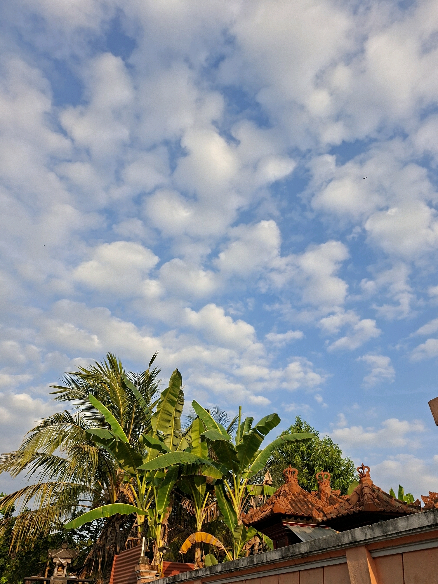 The image captures a view of tropical foliage and a building against a bright blue sky dotted with white, puffy clouds. In the foreground, lush green banana plants and palm trees dominate the left side of the frame, their leaves catching the sunlight. Partially visible behind the vegetation is an orange-toned wall and a section of a building with intricate, terracotta-colored roof tiles, featuring decorative crown-like embellishments. A small, dark object, possibly a bird or insect, is visible in the upper portion of the sky. The scene suggests an outdoor setting, likely in a warm climate, and the architectural style of the building hints at a location in Bali, potentially in the village of Blahbatuh, Indonesia. There are no people or animals clearly depicted in the image.