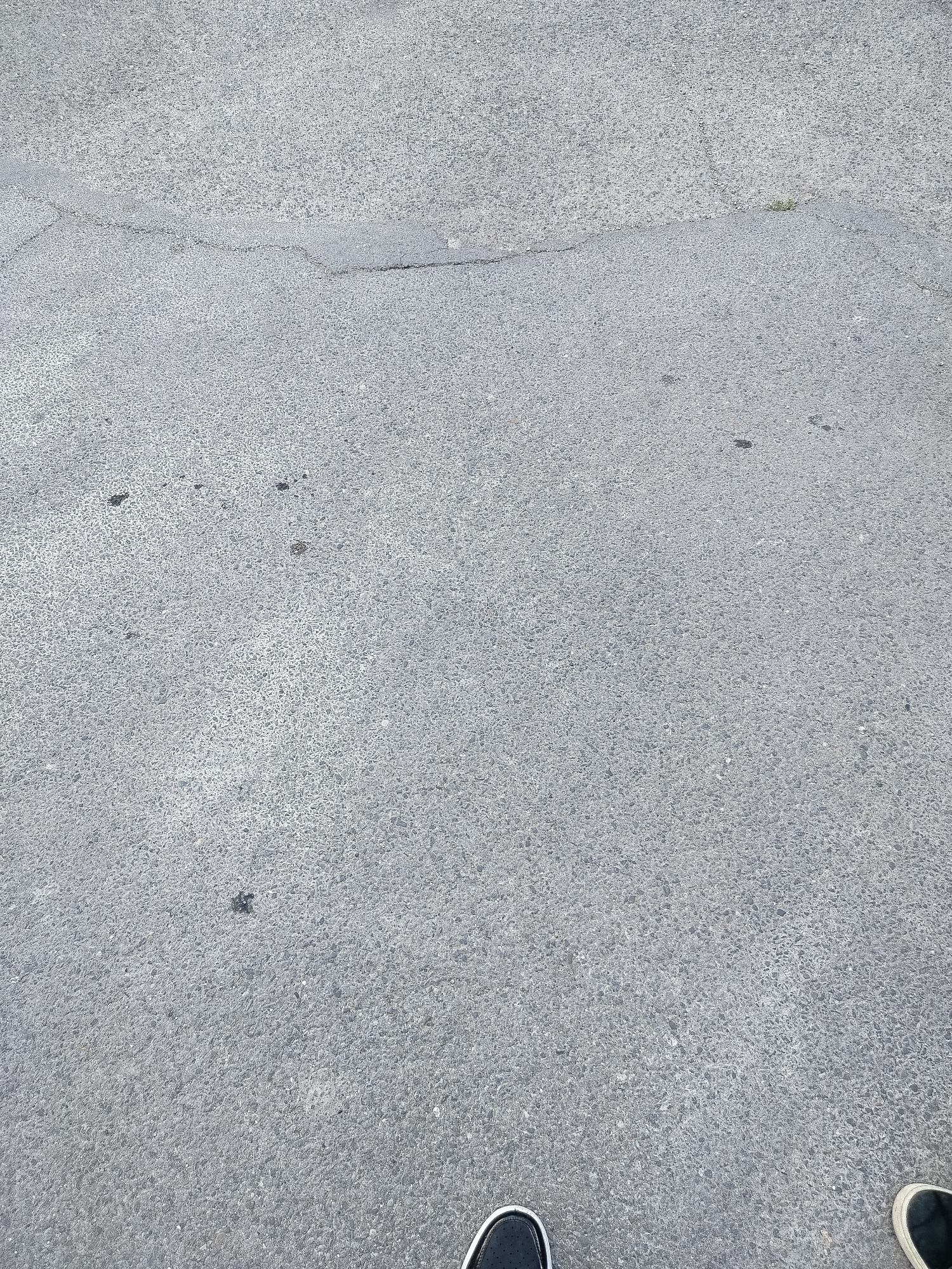 The image shows a section of gray asphalt pavement, likely a street or sidewalk, with a visible seam or crack running across the upper portion. Several small dark stains or spots are scattered on the asphalt surface. At the bottom of the frame, partial views of two shoes are visible, suggesting the image was taken from a standing person's perspective. The surrounding environment is not visible, and there is no indication of the image being taken in Yerevan, Armenia or any city.