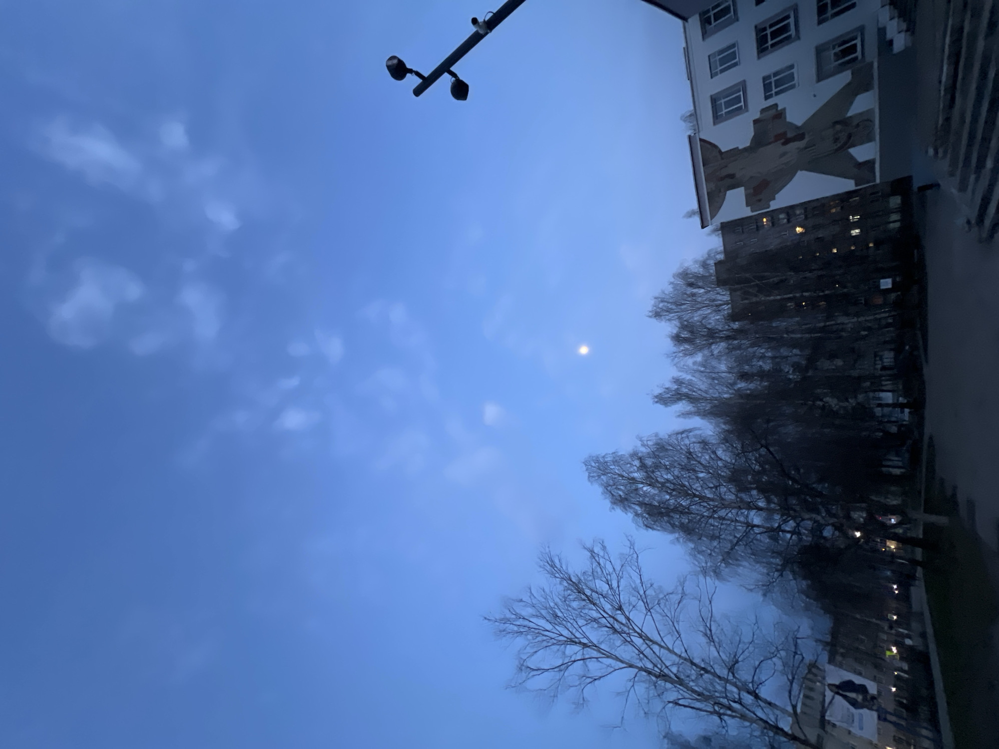 The image, if rotated 90 degrees counter-clockwise to its correct orientation, captures a serene urban or suburban street scene in Chaikovsky, Russia, during the transitional light of dusk or dawn. The expansive sky dominates the upper portion, displaying a gradient of deep blue hues, with scattered lighter blue patches and wispy clouds. A distinct, bright white moon is visible in the upper-right quadrant of the sky.
On the right side of the frame, several buildings are present. The most noticeable is a multi-story, white apartment building with numerous rectangular windows. A large, stylized mural or mosaic, possibly depicting an abstract flying machine or rocket, adorns one side of this building, showcasing a distinctive architectural feature. Behind it, a taller, darker building is partially visible, with several illuminated windows suggesting residential activity.
A line of deciduous trees, their branches bare and intricate, stretches across the mid-ground, silhouetted against the sky and buildings. A paved street or pathway occupies the bottom of the frame, alongside which multiple streetlights emit soft glows. In the upper-left, a utility pole or lamppost with two attached fixtures (possibly lights or cameras) extends into the sky.
The scene conveys a calm and quiet atmosphere, characteristic of early morning or late evening. The architecture, particularly the mural, provides a contextual clue that aligns with urban environments in Russia, such as Chaikovsky. There is no visible text in the image.