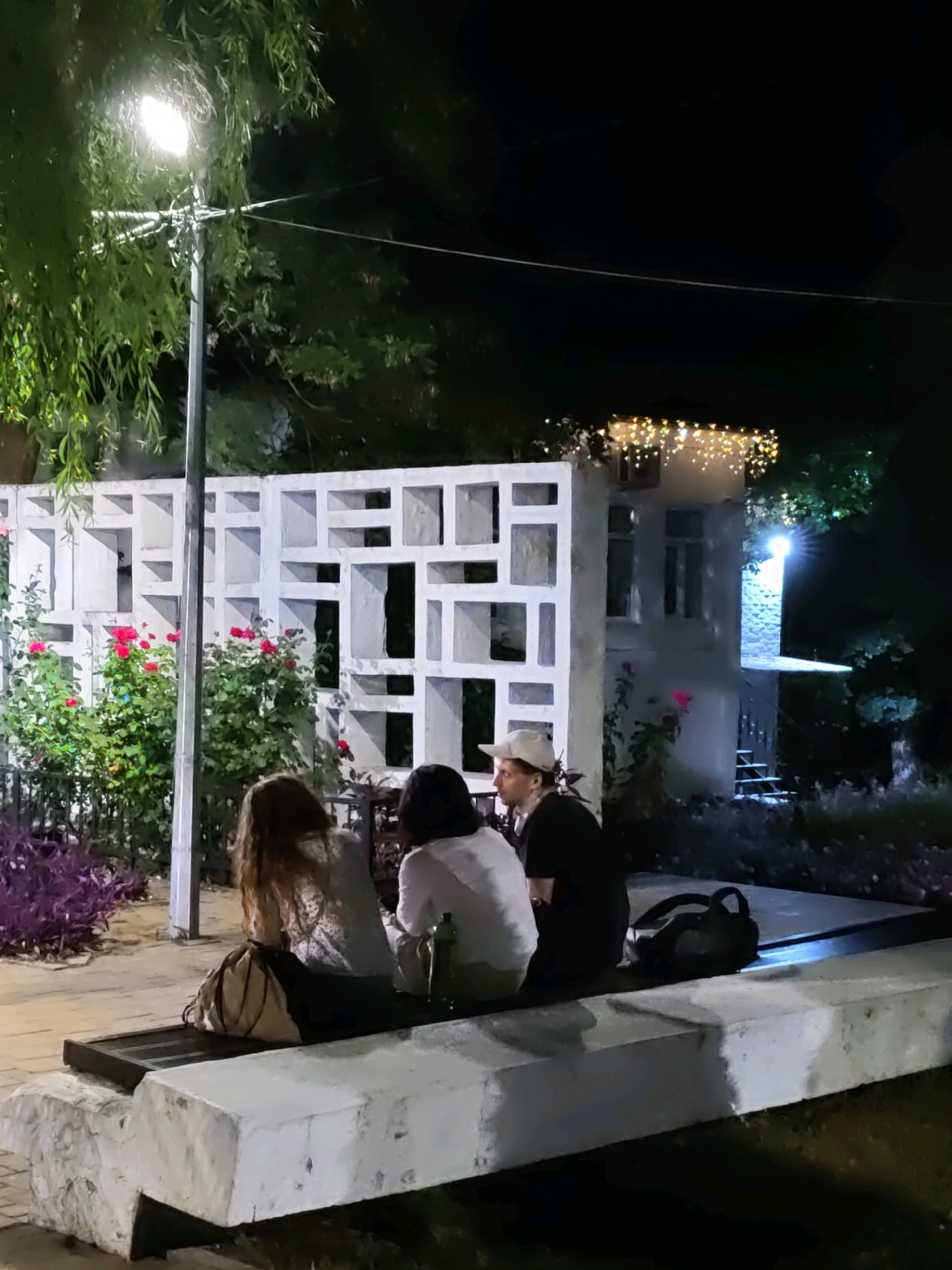 The image depicts an outdoor scene at night, likely in a park or garden area. In the foreground, a white concrete bench is visible, with three individuals seated on it. The person on the far left has long, light brown hair and is wearing a patterned white top. The person in the middle is wearing a white shirt and has dark hair. The person on the far right, a male, is wearing a black t-shirt and a white baseball cap, and is facing towards the left of the frame. Two bags are placed on the bench behind the individuals.
Behind the bench, a white, decorative concrete wall with a geometric, grid-like pattern is prominent. To the left of this wall, there are bushes with bright pink roses and some purple foliage. A tall lamppost with a bright light illuminates the area, with branches from a tree hanging over it. To the right of the concrete wall, a small, two-story building is visible, decorated with string lights along the roofline. A light emanates from the building and a stone chimney. The ground appears to be paved in the immediate foreground and transitions to darker ground or grass further back. The overall atmosphere is one of a relaxed evening gathering. The provided context indicates the location is in Rostov-on-Don, Russia.