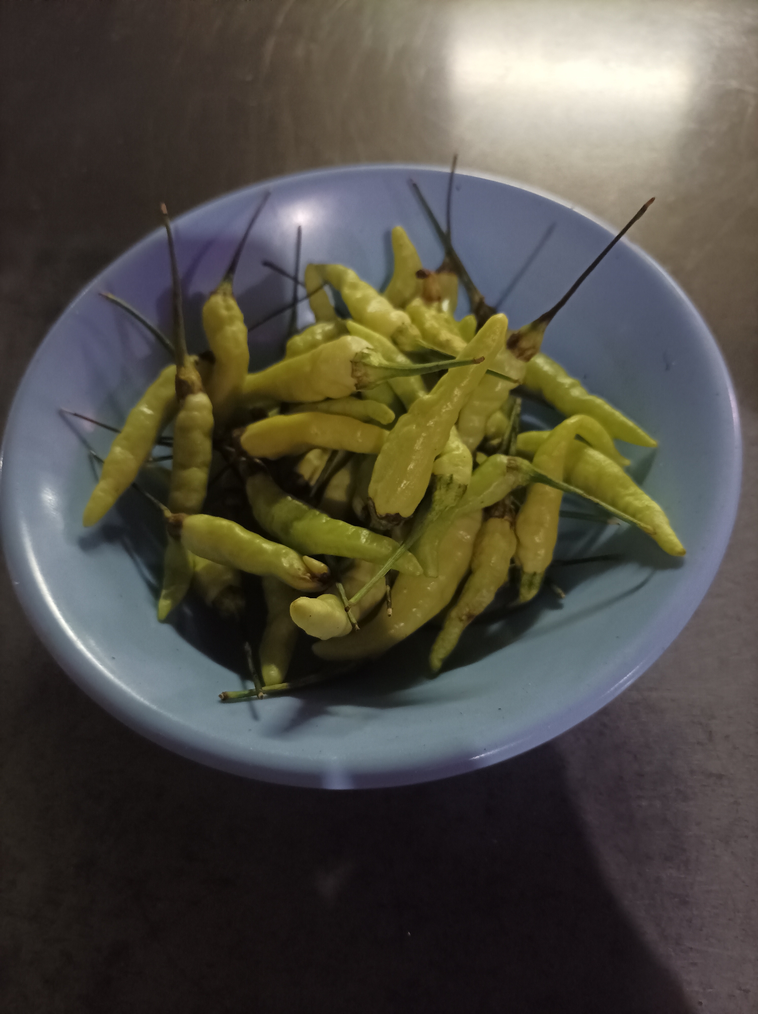 A close-up, slightly overhead shot features a light blue bowl filled with small, pale green chilies. The chilies are clustered together, their stems pointing upwards in various directions. The bowl is resting on a dark, textured surface, possibly a table or countertop. The background is blurred and appears to be a reflective surface with subtle lighting. The image captures a simple, still-life composition of fresh produce. The scene is not identifiable to a specific location within Nganjuk, Indonesia.