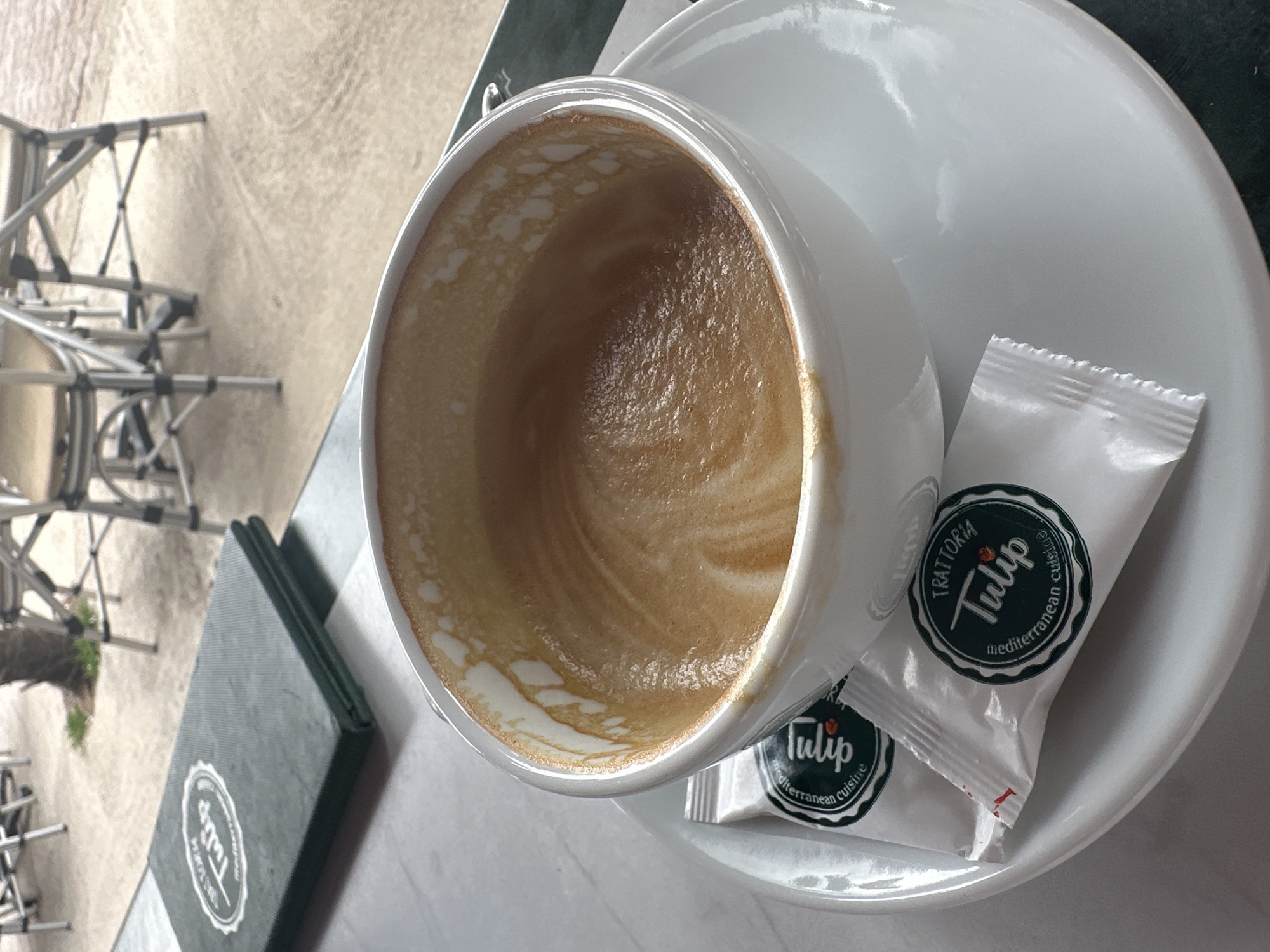 The image is a high-angle shot of a nearly empty cappuccino cup sitting on a white saucer. Beside the cup on the saucer are two sugar packets with the logo "TRATTORIA Tulip mediterranean cuisine." Next to the saucer and cup is a green menu with the "Tulip" logo. In the background, out of focus, is an outdoor seating area with metal chairs and tables, and a glimpse of greenery suggesting an outdoor cafe. The location appears to be a cafe in Rafailovići, Montenegro, as indicated by the restaurant branding, the outdoor setting and possibly Mediterranean cuisine. No people are visible in the scene.