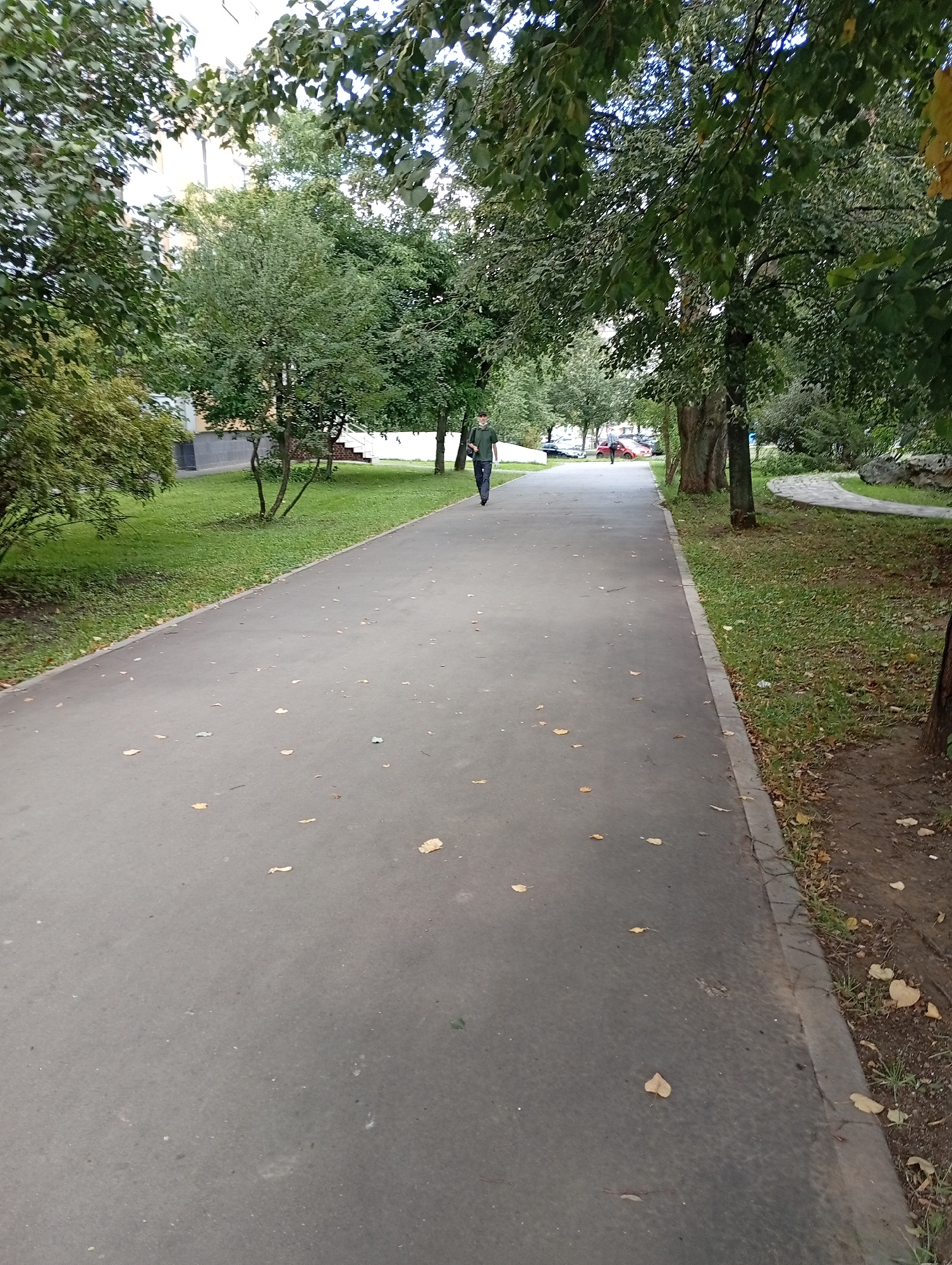 A person is walking on a paved path in a park-like setting. The path is lined with grass and trees, and there are fallen leaves on the ground. In the background, there is a building and parked cars. The person is wearing a dark green shirt and dark pants. They are walking away from the camera. The scene appears to be in an urban environment, possibly a residential area or a public park.