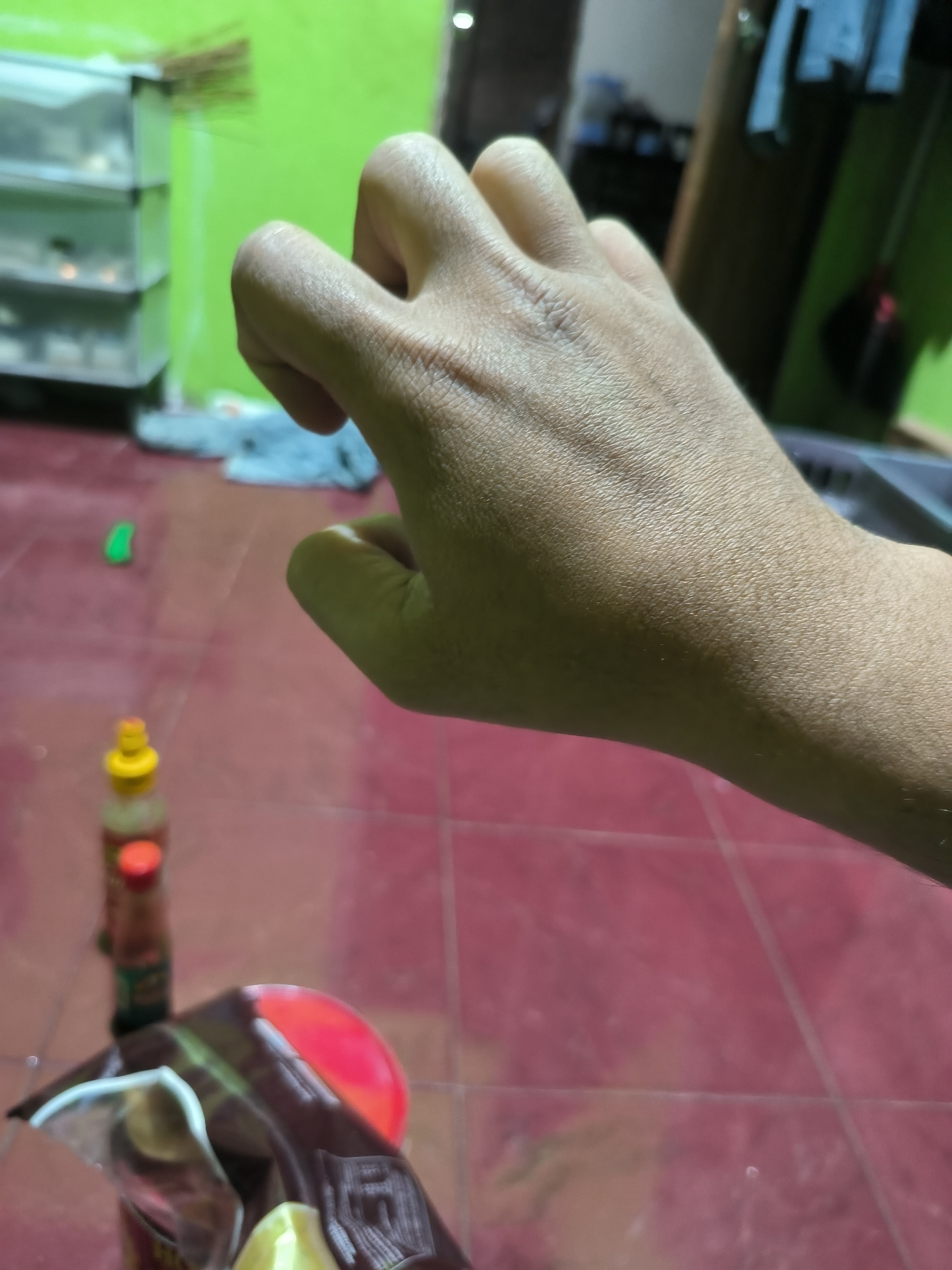 An image captures a close-up view of a human hand with fingers curled in a claw-like shape. The hand appears to be resting on a tiled floor. In the background, a green wall is visible, along with a white shelf unit containing several items. To the left of the hand, a bottle of sauce with a yellow cap is present. In the foreground, partially obscuring the view, is a plastic bag, possibly containing food items. The scene is indoors, with the tiled floor suggesting a domestic or commercial setting. The lighting appears to be artificial. The location is specified as Bumi Mulyo, Indonesia.