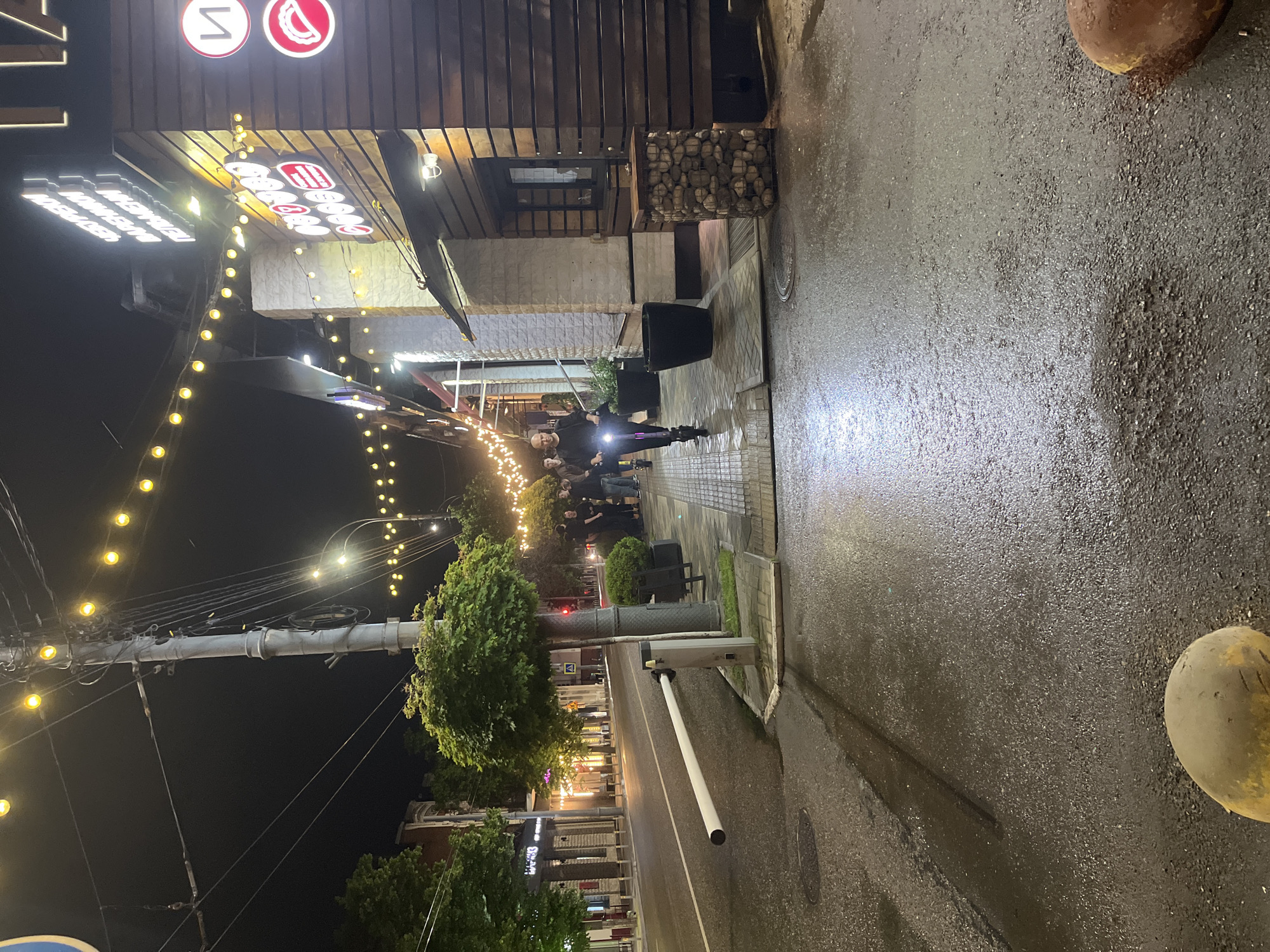 The image shows an urban scene at night, likely taken in Krasnodar, Russia, based on the restaurant sign. The street is wet, reflecting light. A group of people are gathered on the sidewalk. One person stands out, appearing to be riding a scooter and illuminated by a headlight. Behind the group, a row of trees lines the street, with streetlights visible in the distance. On the right, a white traffic barrier is visible. A restaurant building is in the upper left corner with a lit sign. A utility pole with wires and string lights is on the left side.