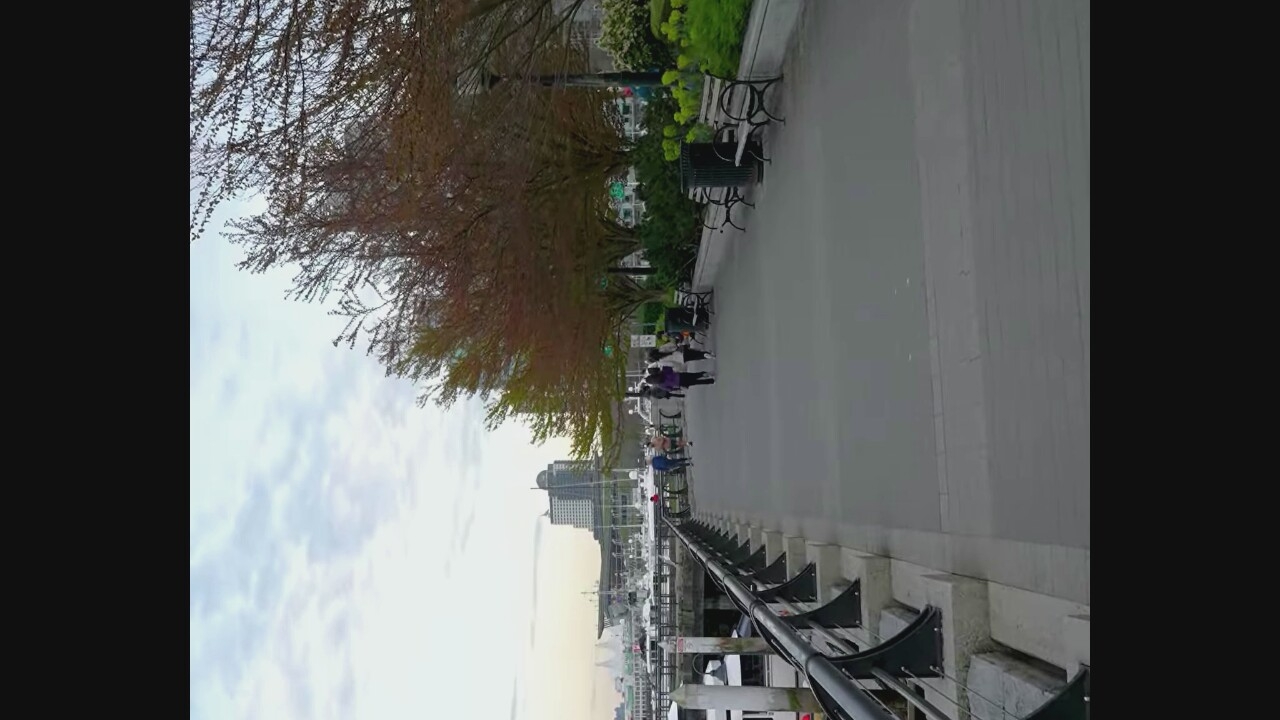The image shows a wide, paved pedestrian walkway adjacent to a marina in Vancouver, Canada. The walkway is lined with a black metal railing and concrete supports on the left, overlooking a body of water with numerous docked boats. On the right, the walkway is bordered by a row of trees with reddish-brown leaves, some benches, and green shrubbery. In the background, several buildings are visible, including a tall, modern structure with a rounded top, and a marina with boats and what appears to be a convention center with a white, sail-like roof. Several people are walking along the path, some in small groups, and others appearing to jog. The sky is overcast.