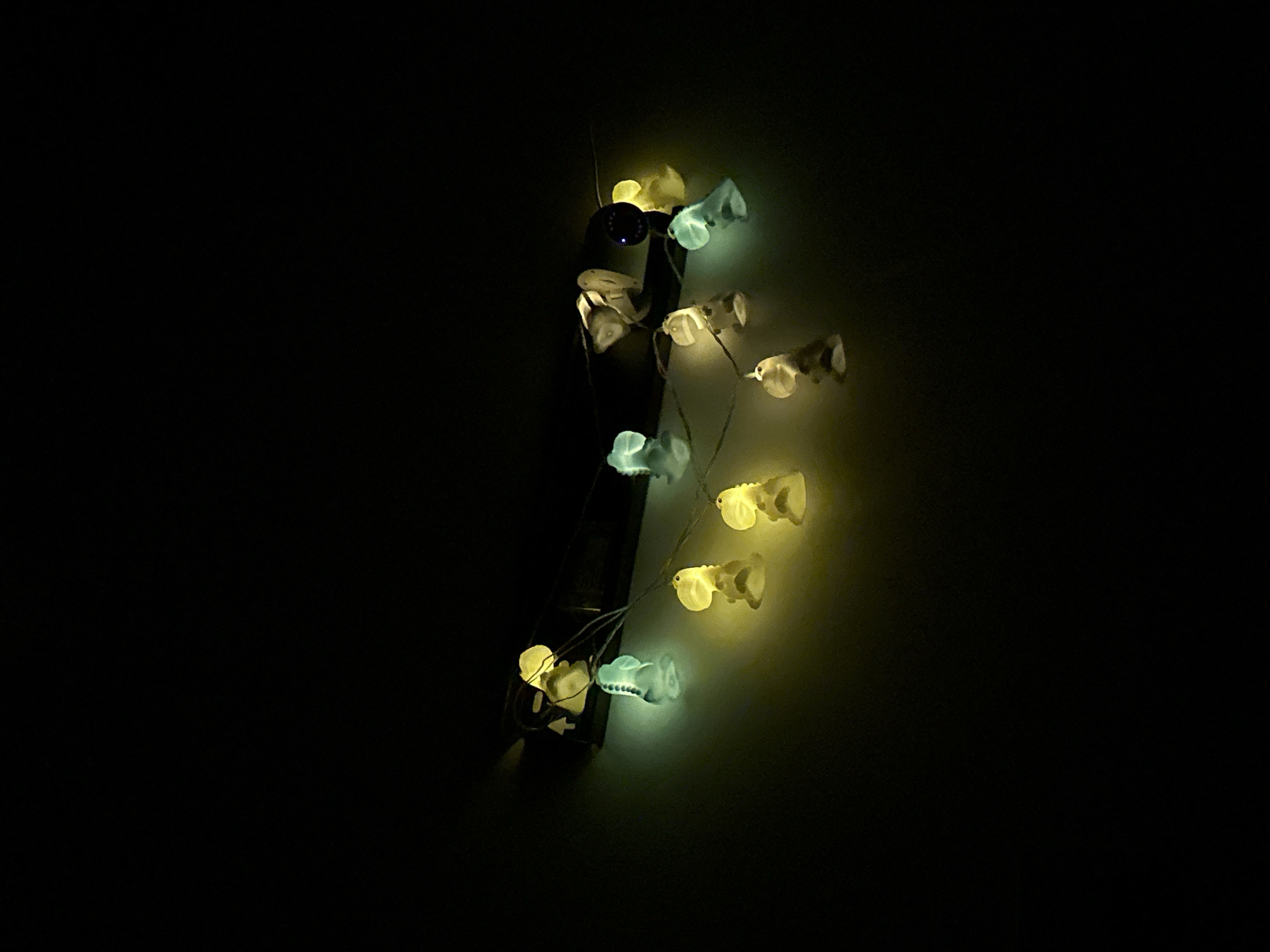 In a dark environment, a string of novelty lights depicting small animals is attached to a cylindrical security camera affixed to a dark surface, possibly a wall. The lights emit a soft glow in yellow and cyan hues. No people are visible. The location is not discernible from the image.