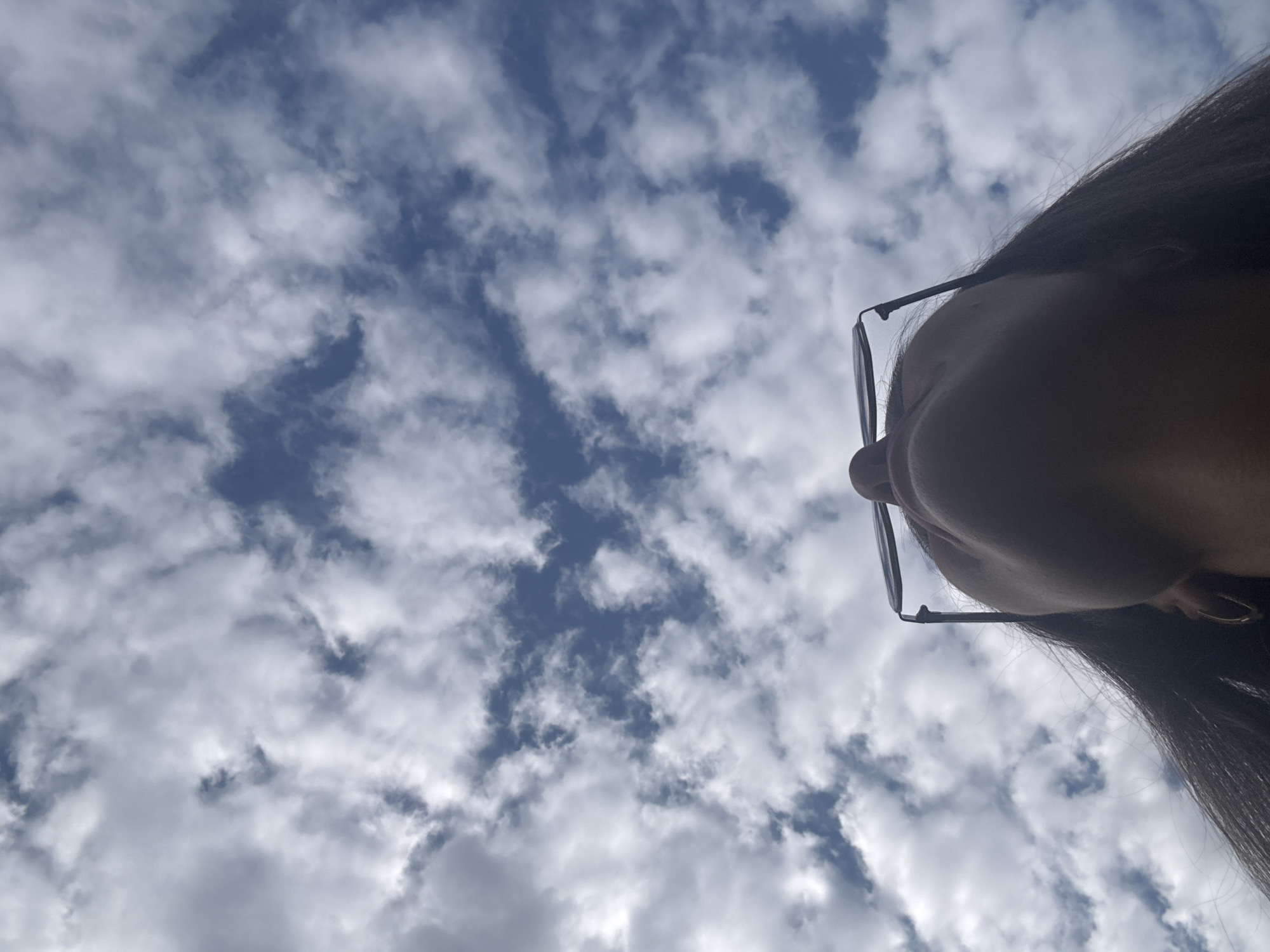 The image captures a unique low-angle perspective, primarily featuring a partially cloudy sky with a portion of a person's face in the foreground. The subject is a person whose chin, lower cheek, and dark hair are visible in the bottom right corner of the frame, looking upwards. They are wearing clear-rimmed glasses with dark temples, and a small hoop earring is visible in their ear.
The dominant element of the scene is the sky, filled with scattered white and light grey cumulus clouds against a clear blue background. The clouds appear fluffy and well-defined, suggesting fair weather conditions. Ample patches of blue sky are visible between the cloud formations. The bright illumination indicates it is daytime, likely mid-day, with the sun providing diffuse light from above or behind the clouds.
The activity taking place is the act of looking up at the sky, possibly a self-portrait taken from a very low angle. The image evokes a sense of observation or contemplation of the expansive sky. There are no specific location cues visible within the image itself, but the context provided places this scene in Chaikovsky, Russia. No text is visible in the image, and due to the limited view of the person's face, no specific emotions can be discerned.