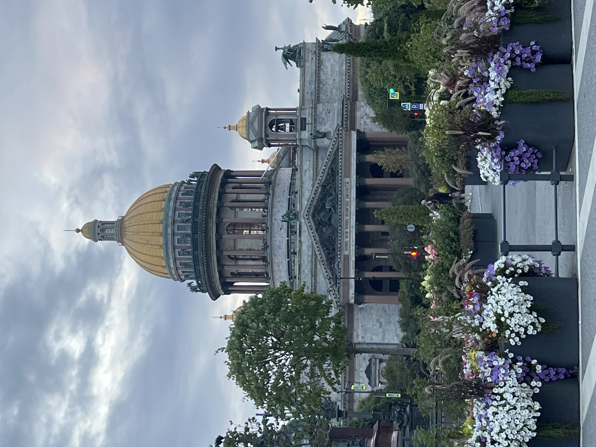 The image shows a view of Saint Isaac's Cathedral in Saint Petersburg, Russia. The sky is overcast and gray. In the foreground, there are large planters filled with various flowers, including white and purple petunias, and ornamental grasses. Behind the planters, trees and lush greenery are visible. The cathedral itself, with its large golden dome and classical architecture, dominates the background. Several people are walking in the middle ground, and there are traffic lights and street signs. The scene appears to be a public space, possibly a square or a park, in front of the cathedral.