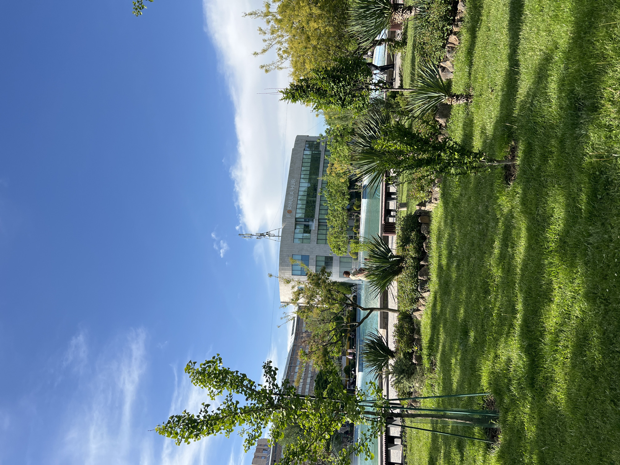 The image depicts a park-like setting in Yerevan, Armenia, with the "Formula Hub" building visible in the background. The sky is blue with some wispy clouds. There is a green lawn, trees, and what appears to be a water feature with people sitting nearby. The foreground features a ginkgo tree. A telecommunication tower is next to the building.