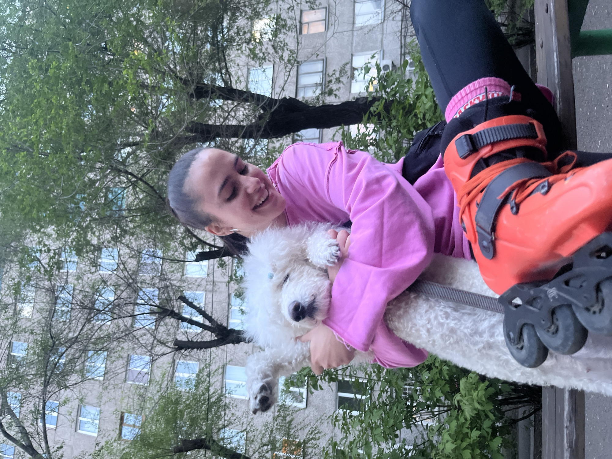 A young woman with dark hair pulled back in a ponytail, wearing a pink sweatshirt and black leggings, is sitting on a bench with orange roller skates on her feet. She is hugging a white dog with curly fur. The dog is wearing a gray leash. Behind them are trees and a tall apartment building with many windows. The photograph was taken outside in daylight. The location is Krasnoyarsk, Russia.