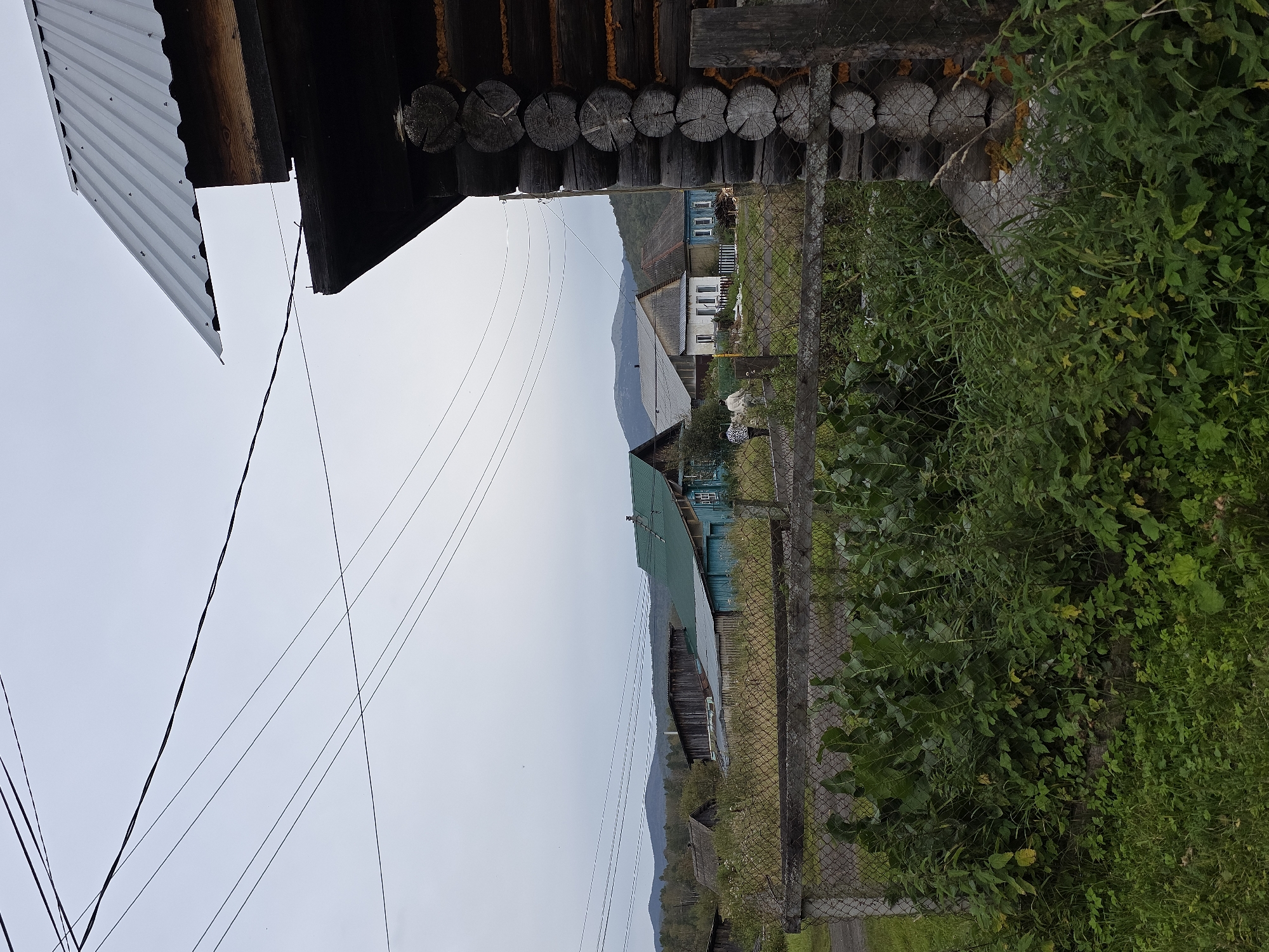 This is a medium-shot photograph taken in Magnitka, Russia. The image depicts a rural or semi-rural scene with several houses visible in the background. In the foreground, to the right, is the side of a dark log cabin with visible logs and chinking. A metal roof extends from the cabin to the left. A chain-link fence runs across the middle ground, behind which is dense, green vegetation. Beyond the fence, several houses are visible. One house in the middle ground has a prominent green roof. Two figures, appearing to be walking, are visible near the green-roofed house. Power lines are strung across the sky in the upper portion of the frame. Hills are visible in the distance under an overcast sky.