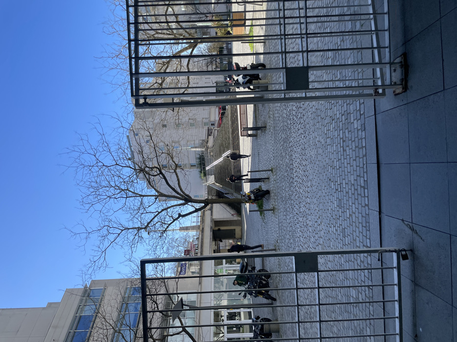 The image depicts an outdoor urban plaza or courtyard in Montigny-le-Bretonneux, France, under a clear blue sky during daylight hours. The view is framed by an open, light-colored metal gate with vertical bars in the immediate foreground, showing a dark tiled ground transitioning to a light gray cobblestone pavement within the plaza.
The plaza is primarily paved with irregular cobblestones and features several leafless deciduous trees, suggesting winter or early spring. Five individuals are present: one person in dark attire stands to the far left near a parked motorcycle; another person in dark clothing stands centrally, facing away from the viewer; a third individual in dark clothing walks away from the viewer towards a set of stairs; and two additional figures are visible near the base of the stairs, one standing and one seemingly ascending.
Two motorcycles are parked within the plaza. One dark motorcycle with yellow accents is positioned on the left side, and a white and black scooter/motorcycle with a rear top box is on the right side. Multiple dark metal bollards are present, some near the motorcycles. Several brown wooden benches are visible near the base of the stairs and to the right.
In the background, a wide, multi-tiered concrete staircase with darker treads ascends towards an upper level in the center-right. To the left, a modern, multi-story building with a light-colored facade and horizontal window bands is visible; a blue sign reading "Bertie's" is affixed to its lower level. To the right, additional light-colored multi-story buildings with numerous windows are present. A pedestrian bridge or elevated walkway spans across the upper background. Shadows are sharp and distinct, indicating direct sunlight.