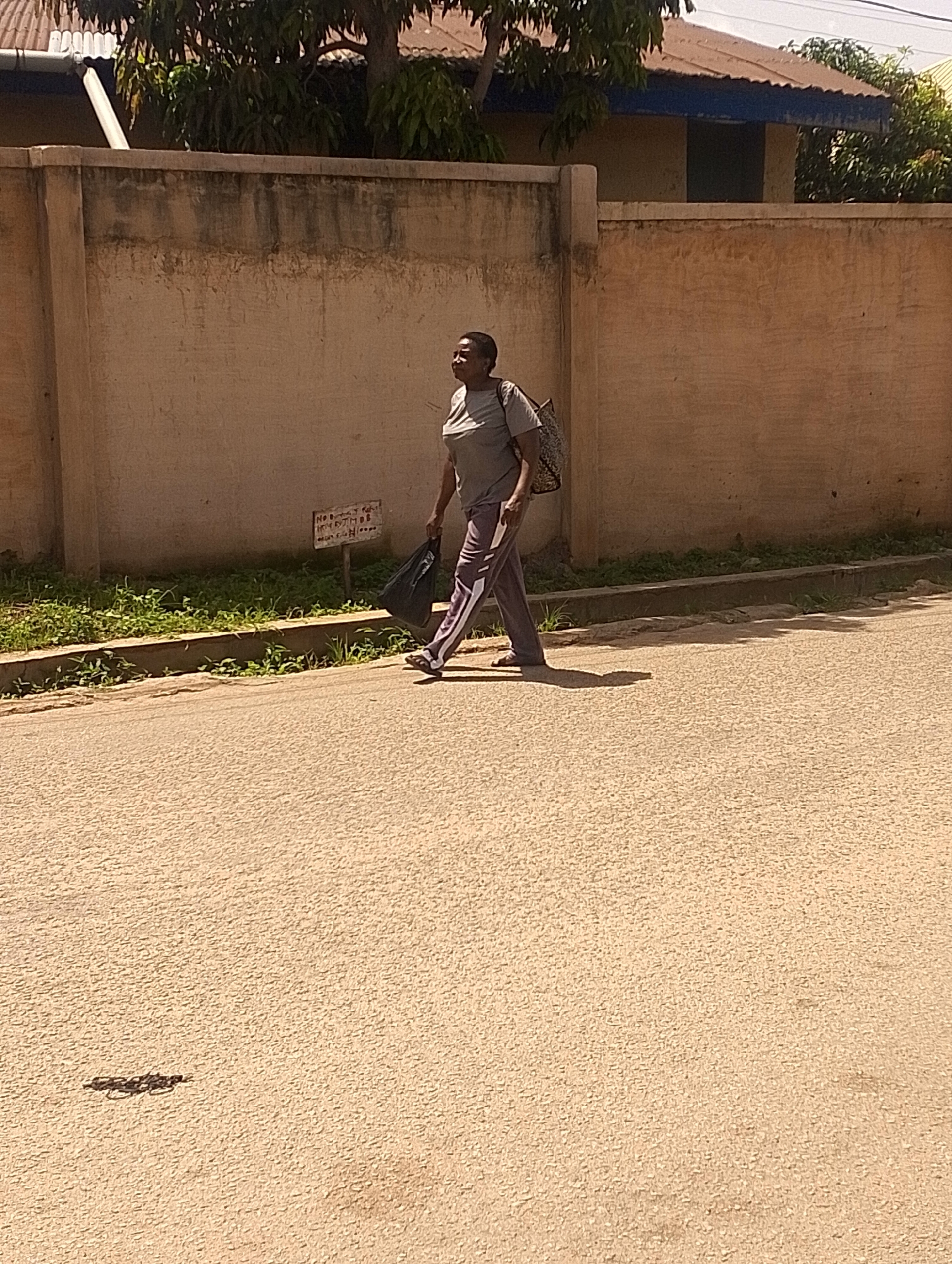A full-body shot captures a woman walking across a paved road. She is wearing a grey t-shirt and grey athletic pants with white stripes down the sides. She carries a black bag in her right hand and a patterned backpack on her left shoulder. The woman is looking to her right and appears to be smiling.
The background features a rough, beige-colored concrete wall with some staining and weathering. A line of green vegetation runs along the base of the wall, bordering the road. A small, white sign with some faded text is affixed to the wall. Beyond the wall, a building with a reddish-brown roof and blue trim is visible, partially obscured by leafy green trees. The scene appears to be set in a residential or semi-commercial area.
The lighting suggests it is daytime, likely mid-morning or afternoon, with clear, bright sunlight casting shadows on the road, indicating sunny weather. The overall impression is of a casual, everyday activity in a warm climate. The location context of Jos, Nigeria, suggests a possible urban or suburban environment within that region.