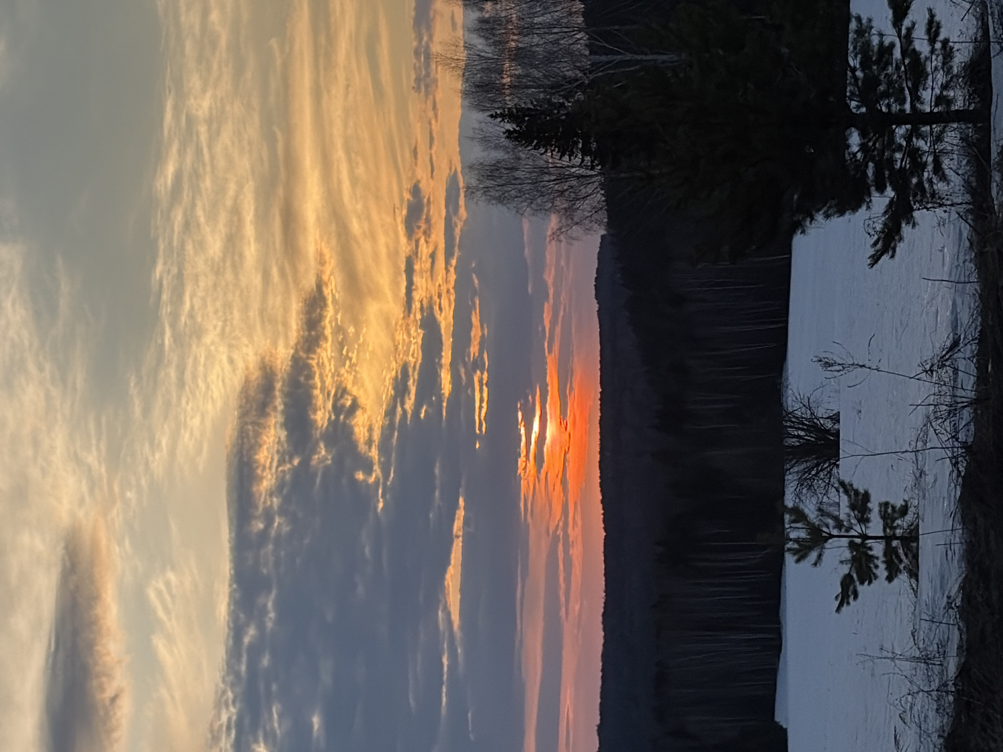 The image shows a sunset view, possibly reflected in a lake or body of water. Silhouetted trees line the right edge of the frame, obscuring the far shore. The sky is streaked with orange and yellow light behind clouds, and the sun is low on the horizon. The foreground exhibits lighter, almost white tones, which may be from snow or the reflective surface of the water. The scene appears to be in a natural environment. There is no specific information that this is located in Samolet, Russia.