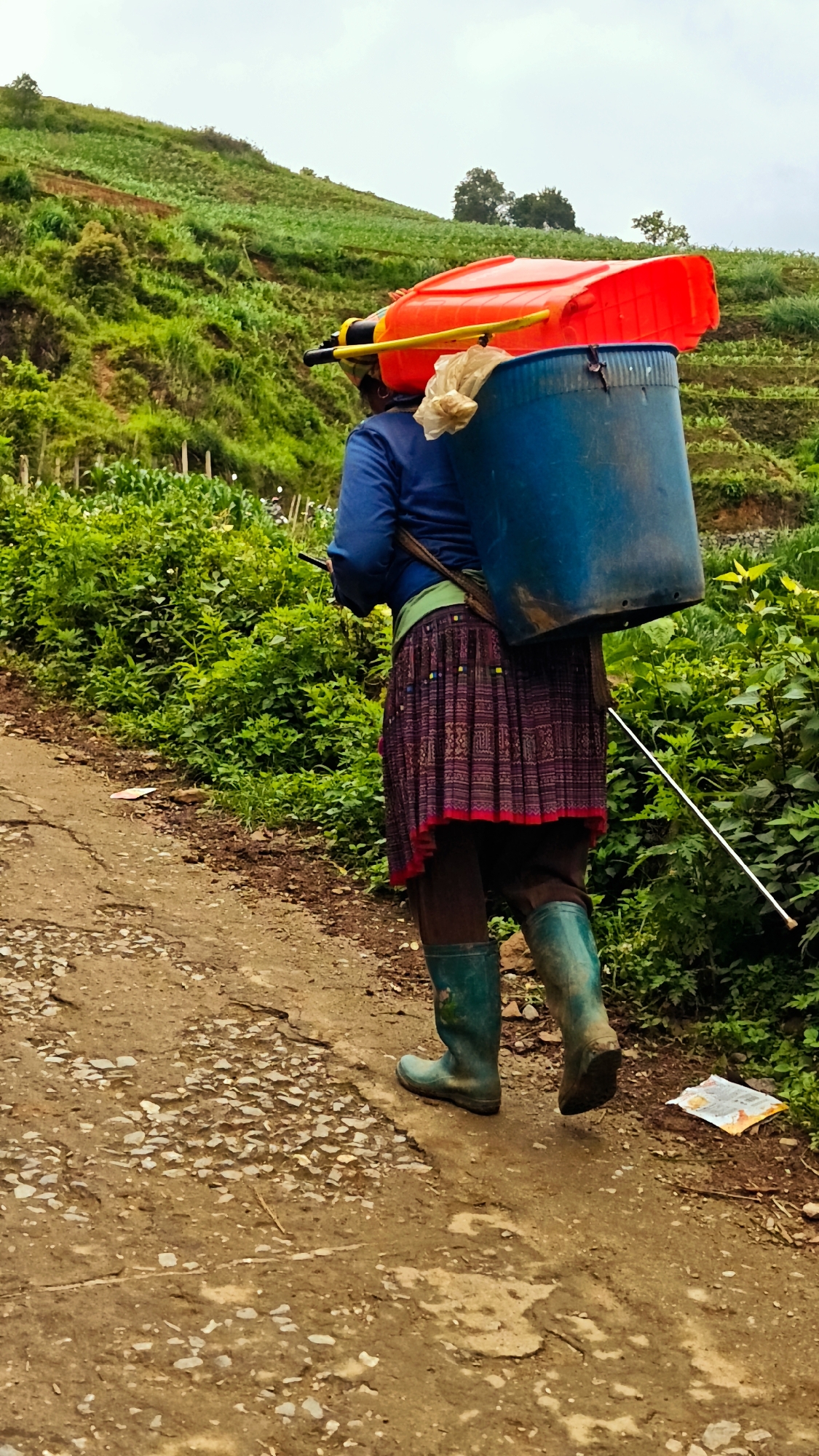 A single individual, viewed from behind, walks along an unpaved dirt path in Dế Xu Phình, Vietnam. The person wears a blue long-sleeved shirt, a pleated skirt with purple and red patterns, dark leggings or trousers, and teal rubber boots. A large blue cylindrical container is strapped to their back, surmounted by a bright red, irregularly shaped object from which a yellow pole extends horizontally. A light-colored, possibly fabric, bag is tucked into the straps on the individual's right shoulder. The person holds a dark, slender object in their left hand. A long, thin, light-colored stick extends diagonally downwards from the right side of the individual, making contact with the ground further back. The path consists of packed dirt with embedded light-colored stones and some visible cracks. Dense green vegetation borders both sides of the path. In the background, green terraced hillsides rise under an overcast sky, with scattered trees visible on the slopes. A crumpled wrapper or piece of paper with orange markings lies on the ground near the right edge of the path.