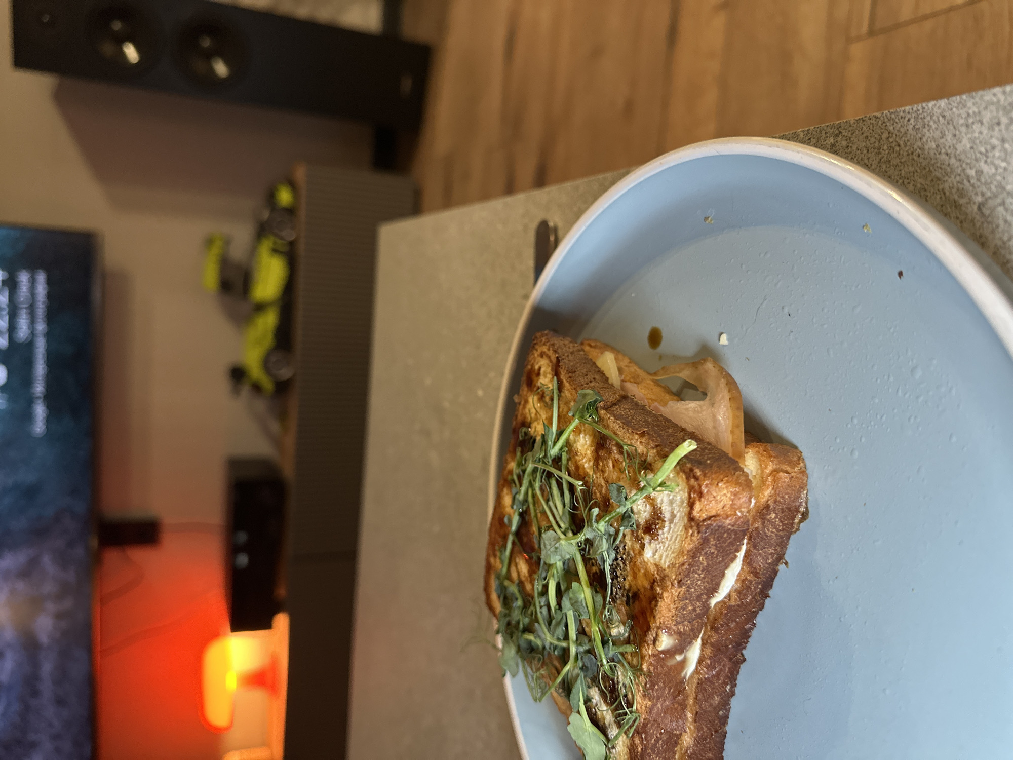 A close-up shot depicts a grilled cheese sandwich, topped with sprouts, resting on a light blue plate. The plate is positioned on a neutral-colored countertop. In the blurred background to the left, a television screen and a shelf with various objects are visible. The location is not specified in the image and is outside the realm of possibility based on the visual information.