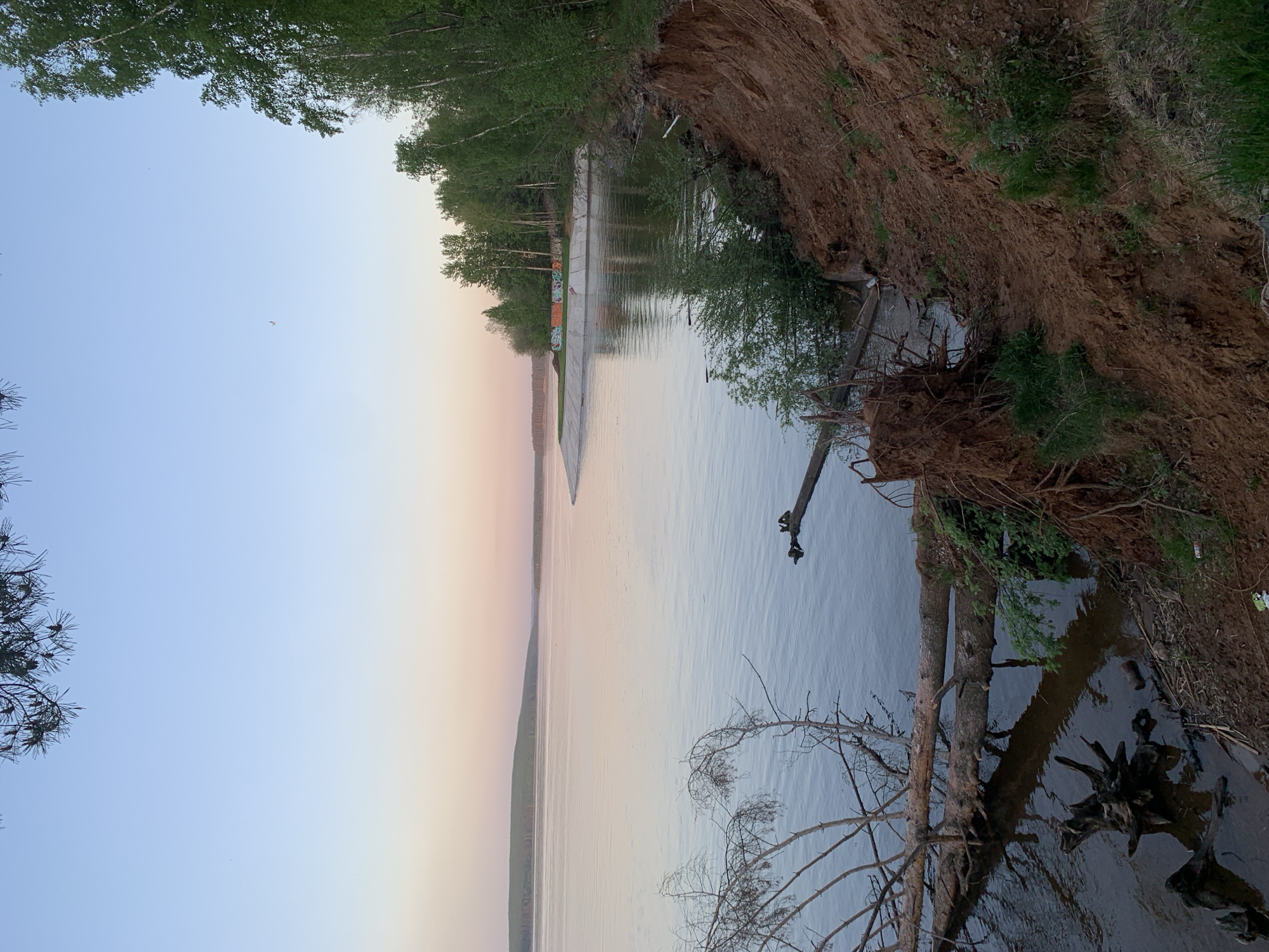 The image depicts a body of water, possibly a river or lake, at the edge of a landmass. Trees line both sides of the water, forming a border. On the right, the land rises into an embankment with exposed soil and vegetation. On the opposite bank, a concrete structure or pier extends into the water, adorned with graffiti. The sky is a gradient of blue and peach, suggesting either sunrise or sunset. Fallen tree limbs are visible in the water near the embankment. The image is taken at the edge of the landmass with trees above and on the embankment on the right. It is not possible to confirm the location in the city of Chaikovsky, Russia with the available visual information.