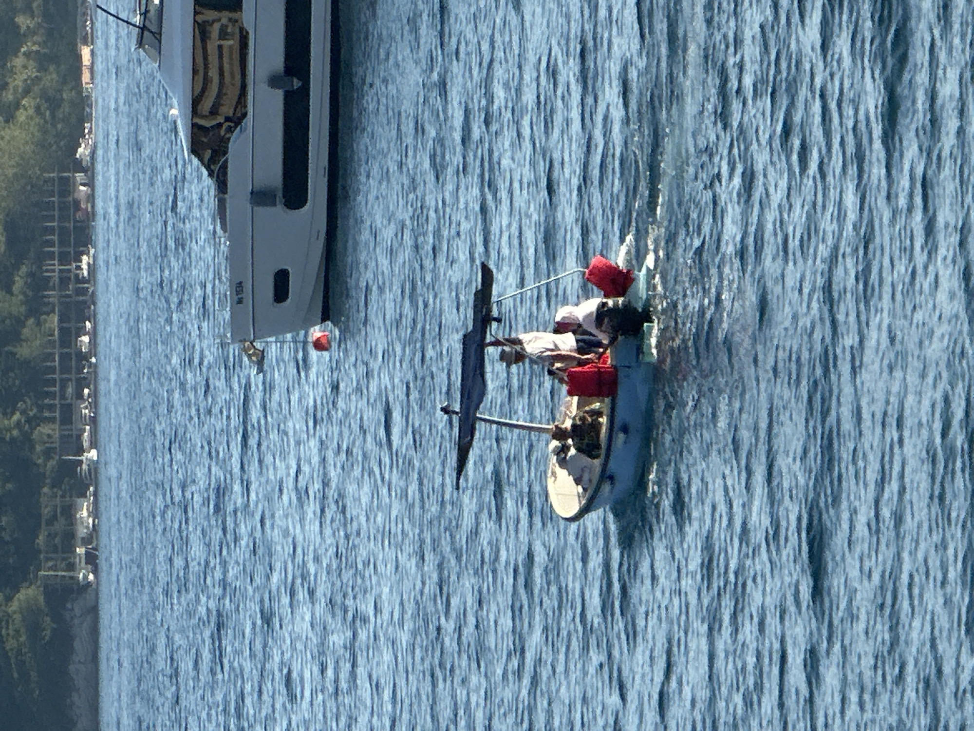 The image captures a bright, sunny day at sea in Budva, Montenegro. In the foreground, a small blue boat with a canopy is moving through choppy blue water. There are three people visible in the boat: one in the front wearing a camouflage shirt, and two in the back, one of whom is wearing a hat and appears to be steering or operating the boat. There are two red buoys attached to the boat. In the background, a larger white yacht is anchored or moving slowly in the water. The shoreline is visible behind the boats, featuring dense green trees and some structures that appear to be under construction or unfinished. The overall scene depicts a typical maritime activity along the coast of Budva.
