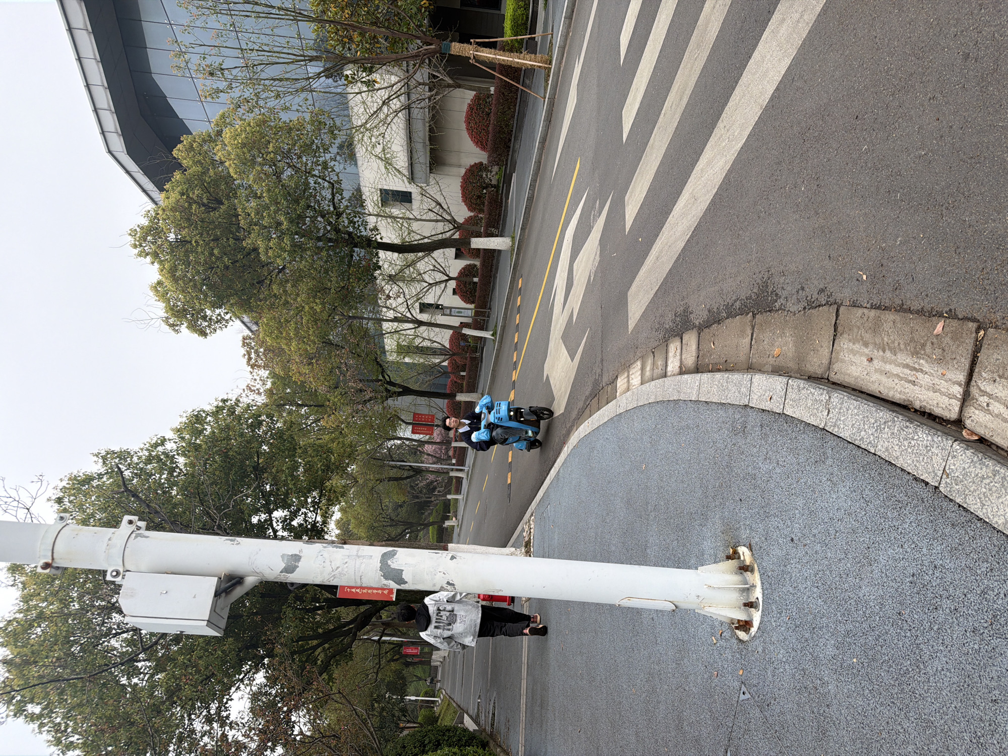 The image shows a street scene in Jiangning District, China. A white, cylindrical pole dominates the foreground. Near the pole, a person in black pants and a gray jacket with printed text is looking down. In the background, a person is riding a blue electric scooter on the street. The road features yellow lines and a zebra crossing. A building is visible in the background, surrounded by trees and shrubbery.