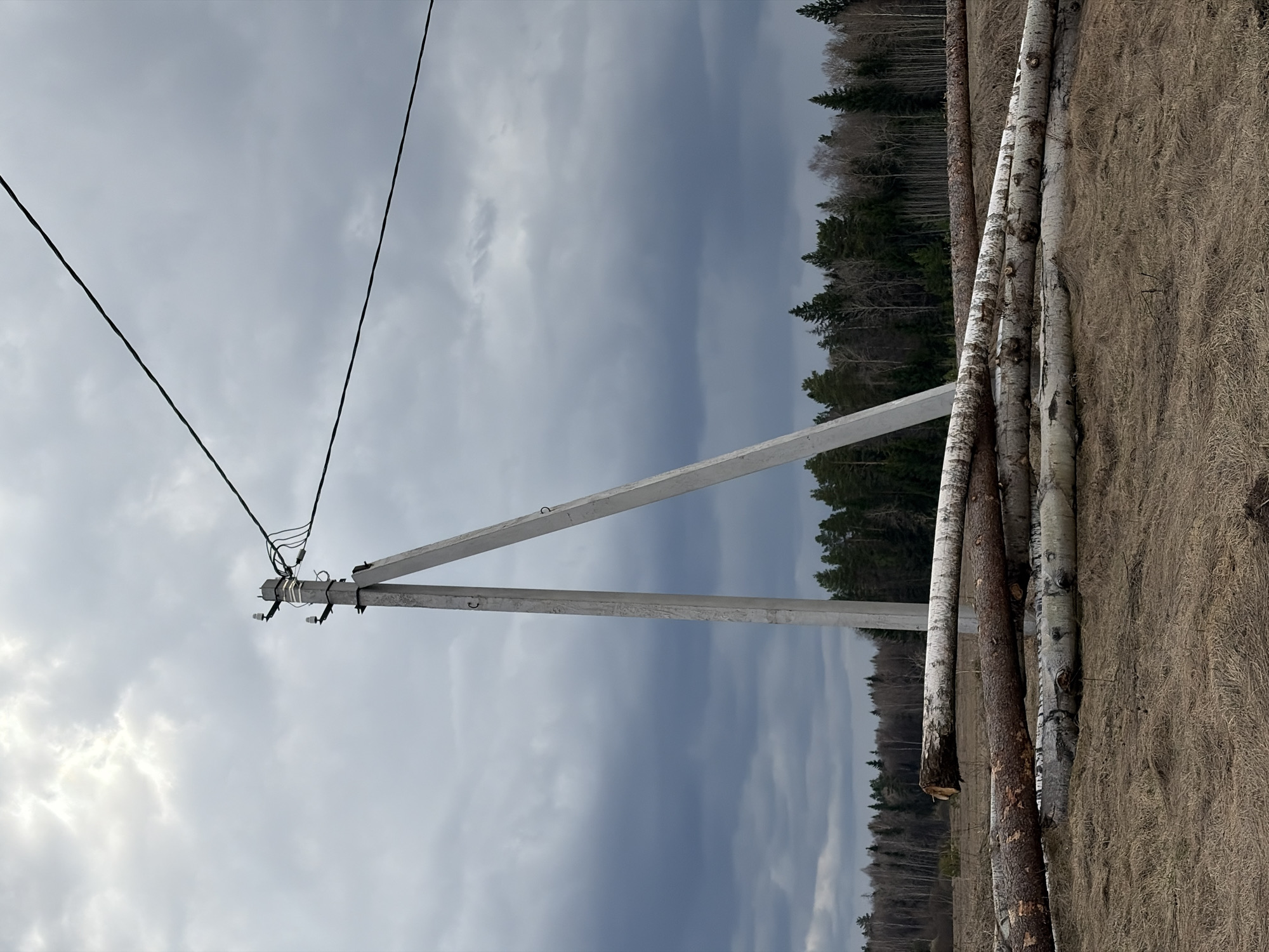 The image depicts a utility pole located in a rural area, possibly near or in the city of Кемуль, Russia. The utility pole is made of concrete and has a support arm extending at an angle. Power lines are attached to the top of the pole. The sky is overcast with dark, heavy clouds. To the right of the pole are several logs lying on the ground, and behind them, there is a line of trees. The foreground consists of dry, brown grass.