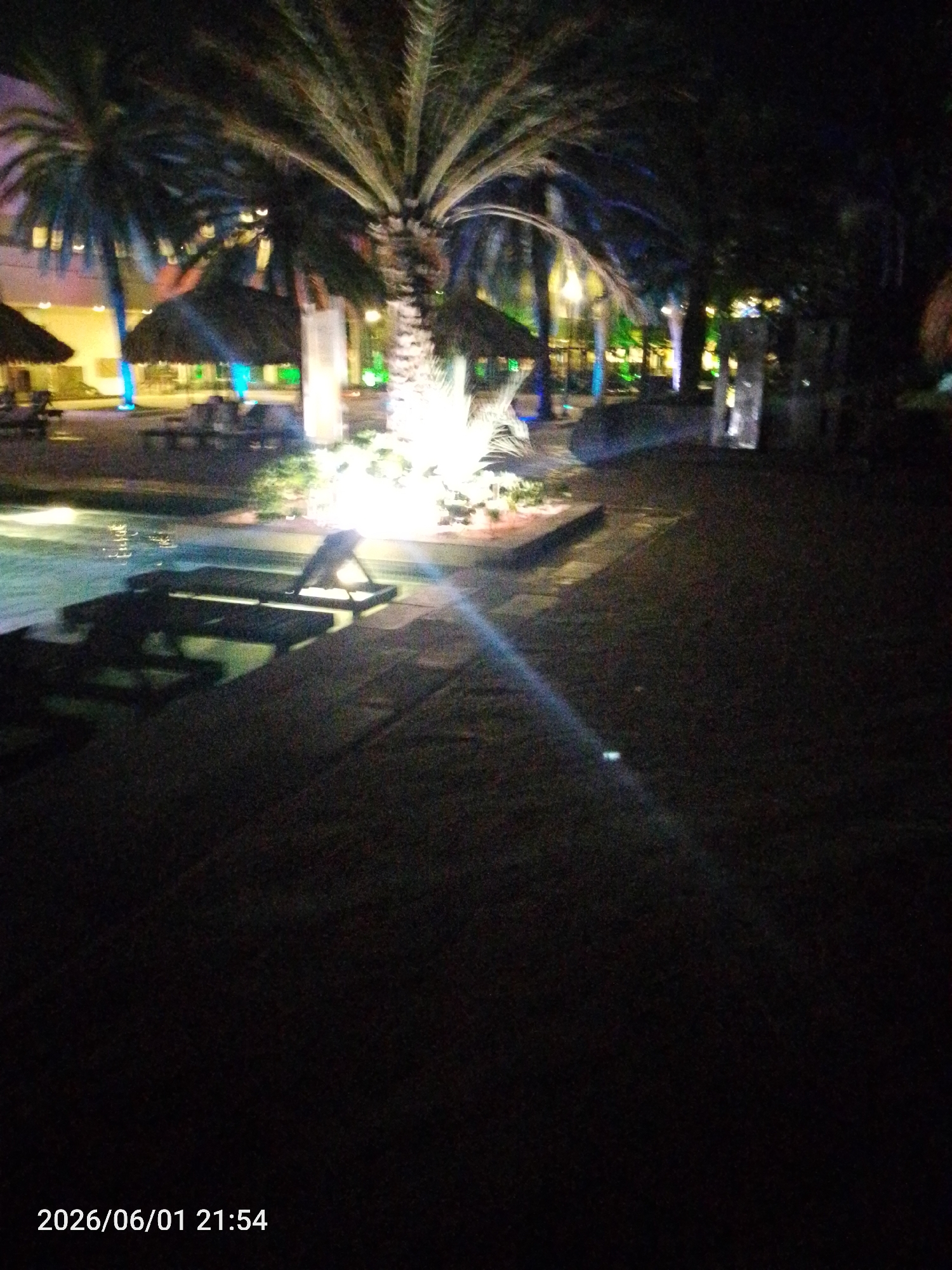 The media file presents an outdoor night scene at a resort or hotel in Pedro González, Venezuela. The timestamp "2026/06/01 21:54" in the bottom left corner confirms the late evening or night setting.
The scene is dominated by several large palm trees, with one in the foreground brightly illuminated from its base by white uplights, making its trunk and lower fronds stand out against the darkness. Other palm trees are visible further back, receiving ambient light.
To the left, a swimming pool is discernible, reflecting the surrounding lights, and several lounge chairs are silhouetted along its edge. In the middle ground, multiple thatched-roof structures, possibly gazebos or cabanas, are present, some illuminated with distinct blue and green lights. A large building with illuminated windows can be seen in the background on the far left.
The ground consists of paved areas and shadowed sections. Artificial lighting plays a crucial role, creating bright focal points and colored accents throughout the scene, contributing to a tropical resort ambiance. A notable detail is a bright, diagonal beam of light extending from the bottom right towards the center, possibly a lens flare or direct light source. No people are visible, indicating a quiet moment at the location. The overall impression is one of a tranquil, illuminated tropical evening.