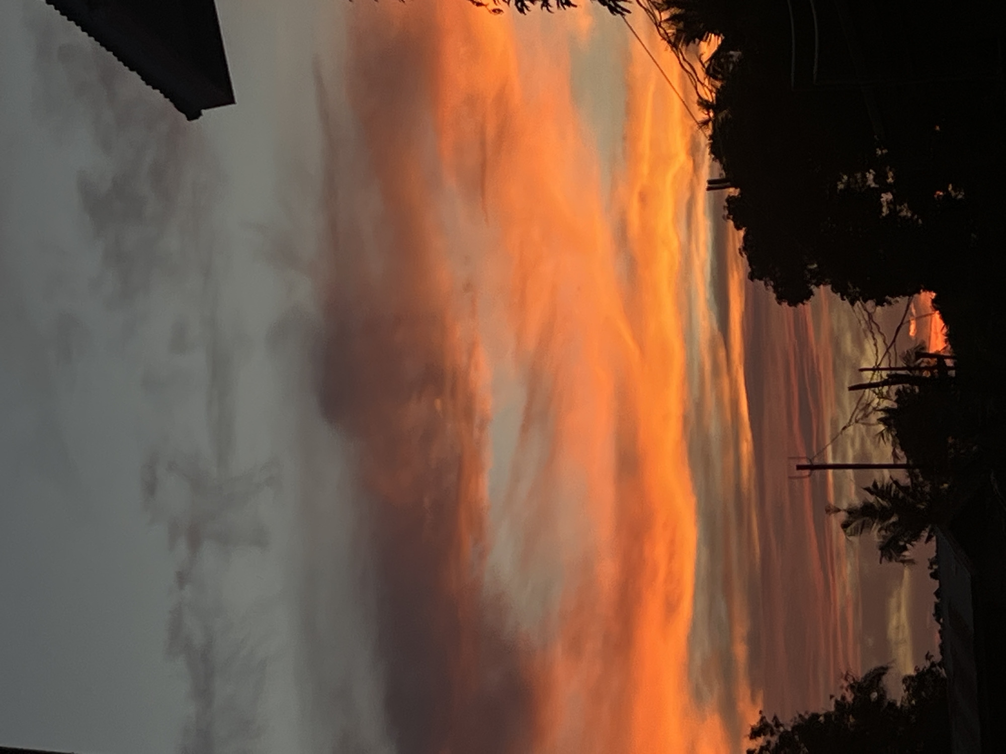 This image depicts a sunset in Cuyo, Philippines. The sky is filled with vibrant orange and red hues, transitioning to darker grays and blues at the top. Silhouetted against the colorful sky are trees and rooftops, suggesting a residential or semi-rural area. Utility poles and wires are also visible, further indicating a populated environment. The overall scene is one of natural beauty with elements of human habitation.