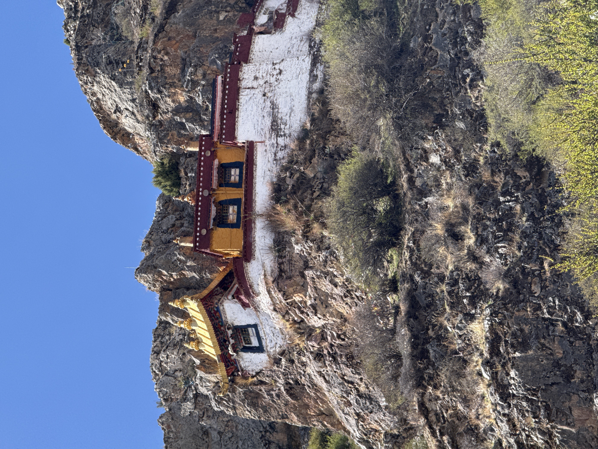 The image captures the Pabonka Hermitage, a historical site located in the city of Lhasa, Tibet Autonomous Region, China. The hermitage appears to be constructed directly into the side of a rock cliff face. The structures feature white walls with roofs colored in red and gold, traditional Tibetan architectural elements. The cliff face itself is craggy and rough-textured, exhibiting a mix of dark and light grey tones, with vegetation, including bushes and dry grasses, clinging to its surface. The sky is a clear, bright blue.