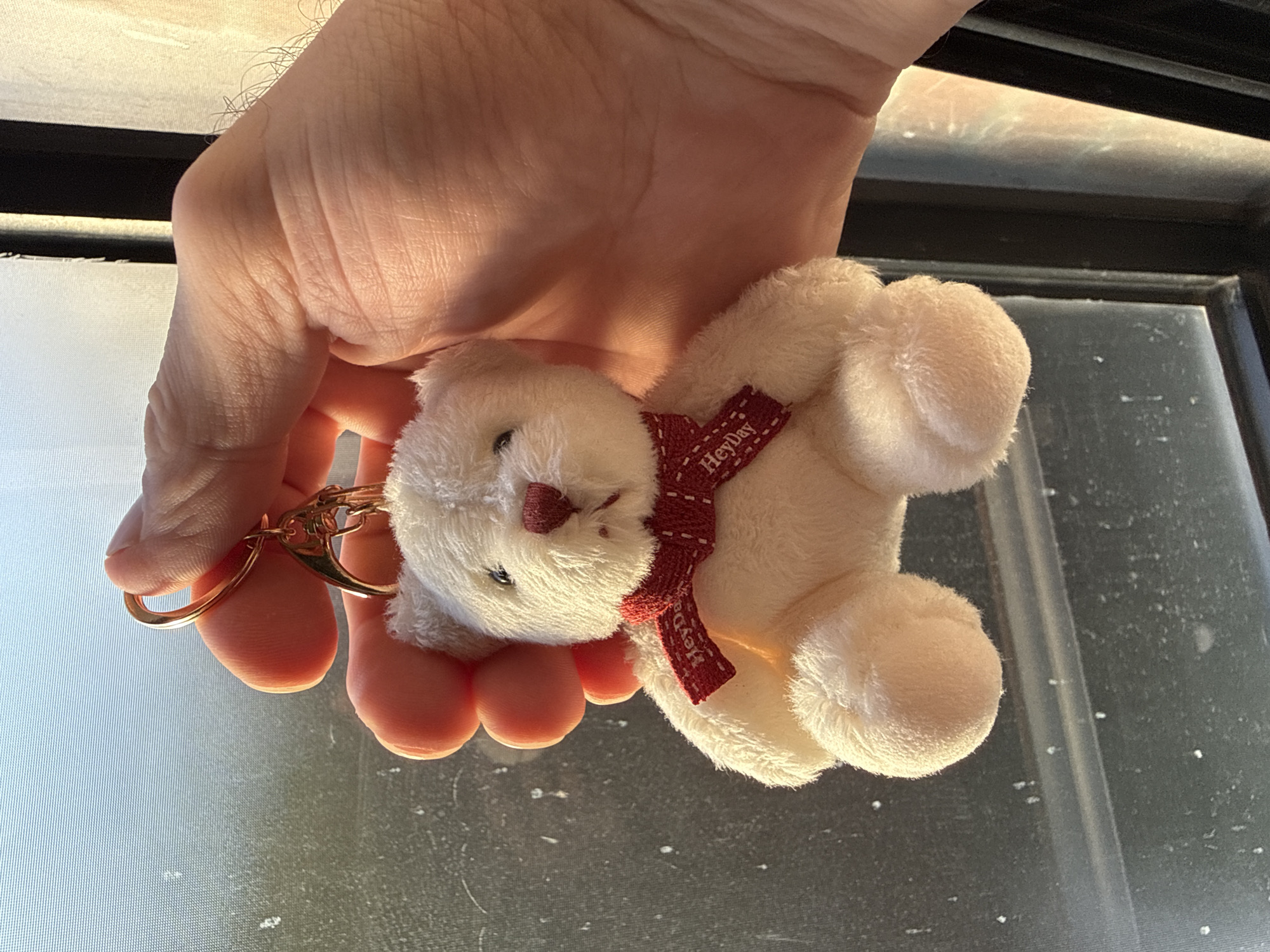 A fuzzy white teddy bear keychain, adorned with a red ribbon that reads "HeyDay," is held by a human hand. The bear is positioned in the center of the frame, with its paws dangling. The hand is illuminated by warm sunlight, creating distinct shadows and highlighting skin texture. The background consists of a slightly grimy window with a view of the outdoors, suggesting an indoor setting near a window. The overall lighting indicates it is either sunrise or sunset. There is no discernible location in Seoul, South Korea.