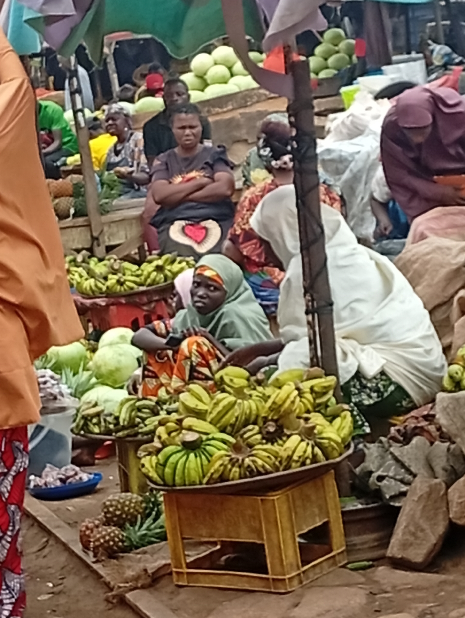 The image depicts a bustling outdoor market scene in Tudun Nupawa, Nigeria, filled with vendors and fresh produce. In the foreground, numerous green and yellow bananas are displayed in large trays on low wooden or plastic crates. Several pineapples are arranged on the ground.
Multiple individuals are visible, mostly women. In the center-right foreground, a young woman wearing a light green headscarf and patterned orange trousers sits amidst the fruit, looking directly towards the camera with a serious expression. Behind her, another woman is seated, draped in white clothing and a white head covering, with her back mostly to the viewer. To the far right, a woman in a maroon head covering is partially visible.
In the mid-ground on the left, a woman wearing a dark top with a red heart design on the front has her arms crossed and is also looking towards the camera. Behind her, a man in a black shirt and another woman in a yellow shirt are seated. Other figures are partially visible in the background, obscured by market structures and other people.
Large quantities of light green, round fruits, possibly gourds or melons, are stacked high on stalls in the background. A blue bowl containing small, dark food items, possibly dried fish or meat, rests on the ground to the left. Market stalls are covered by colorful canopies or umbrellas, offering shade. The ground is dirt or earth, with scattered stones. The scene captures a typical market day, likely during daylight hours, given the natural lighting. No discernible text is visible in the image.