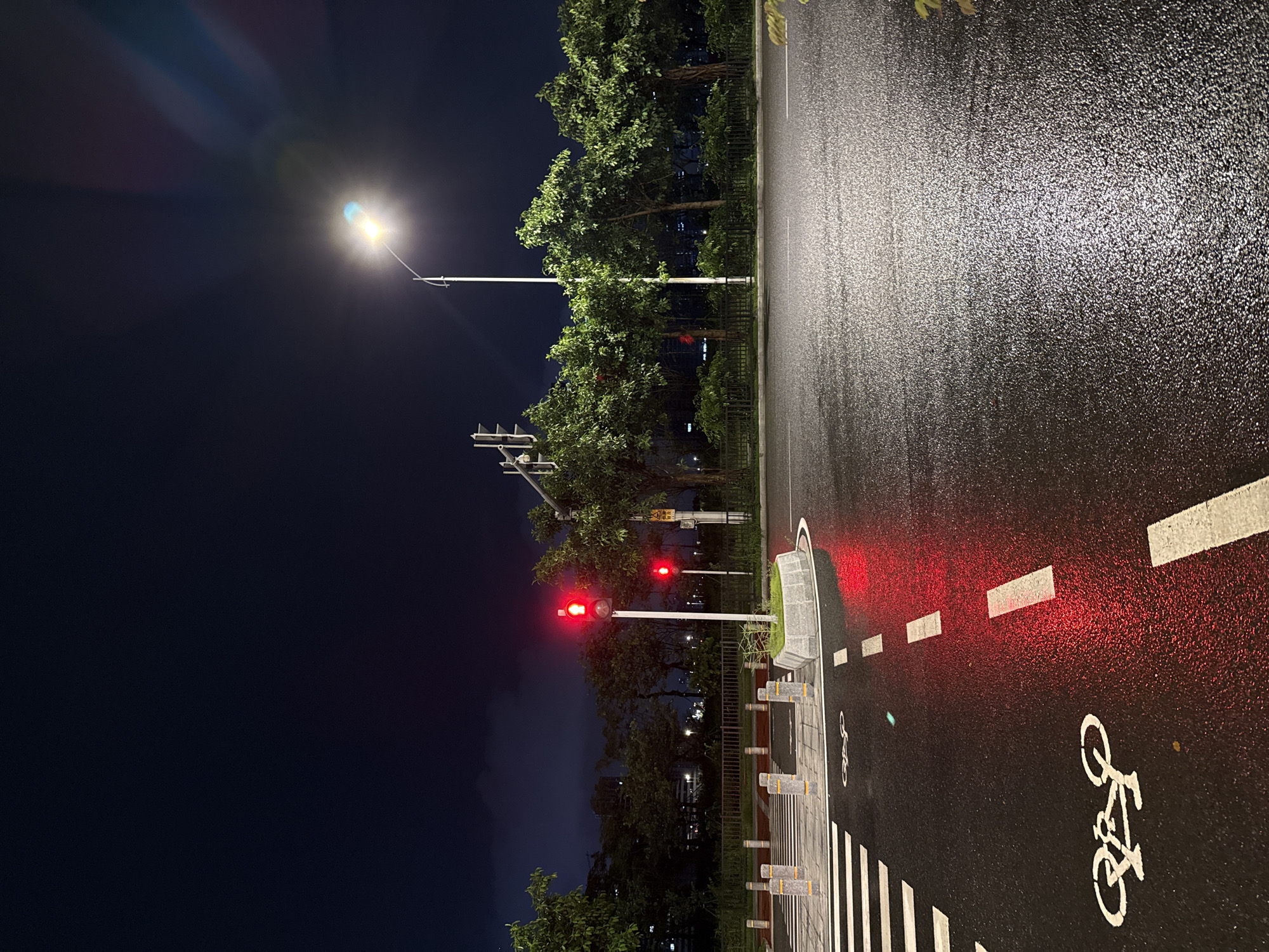 This media file captures a street scene at night in Haizhu District, China. The image is dominated by a wet asphalt road, reflecting the light from street lamps and traffic signals. The time of day is clearly night, as evidenced by the dark sky, illuminated streetlights, and the presence of a traffic light displaying red. The wetness of the road suggests recent rain or damp conditions.
The scene features a marked bicycle lane with white painted bicycle symbols. A pedestrian crossing is also visible, marked with white stripes. Traffic lights are prominently displayed, with both signals showing red, indicating that vehicles should stop. Trees with lush green foliage line the side of the road, creating a contrast with the urban elements. A metal fence separates the road from the trees and what appears to be a sidewalk or pedestrian area.
In the background, distant lights from buildings can be seen, suggesting an urban or suburban environment. There are no people visible in the frame, and the focus is on the infrastructure and the wet road. The overall mood is calm and quiet, typical of a street at night after some precipitation. The light from the street lamp creates a lens flare effect in the upper left corner of the image. No visible text is present in the image.