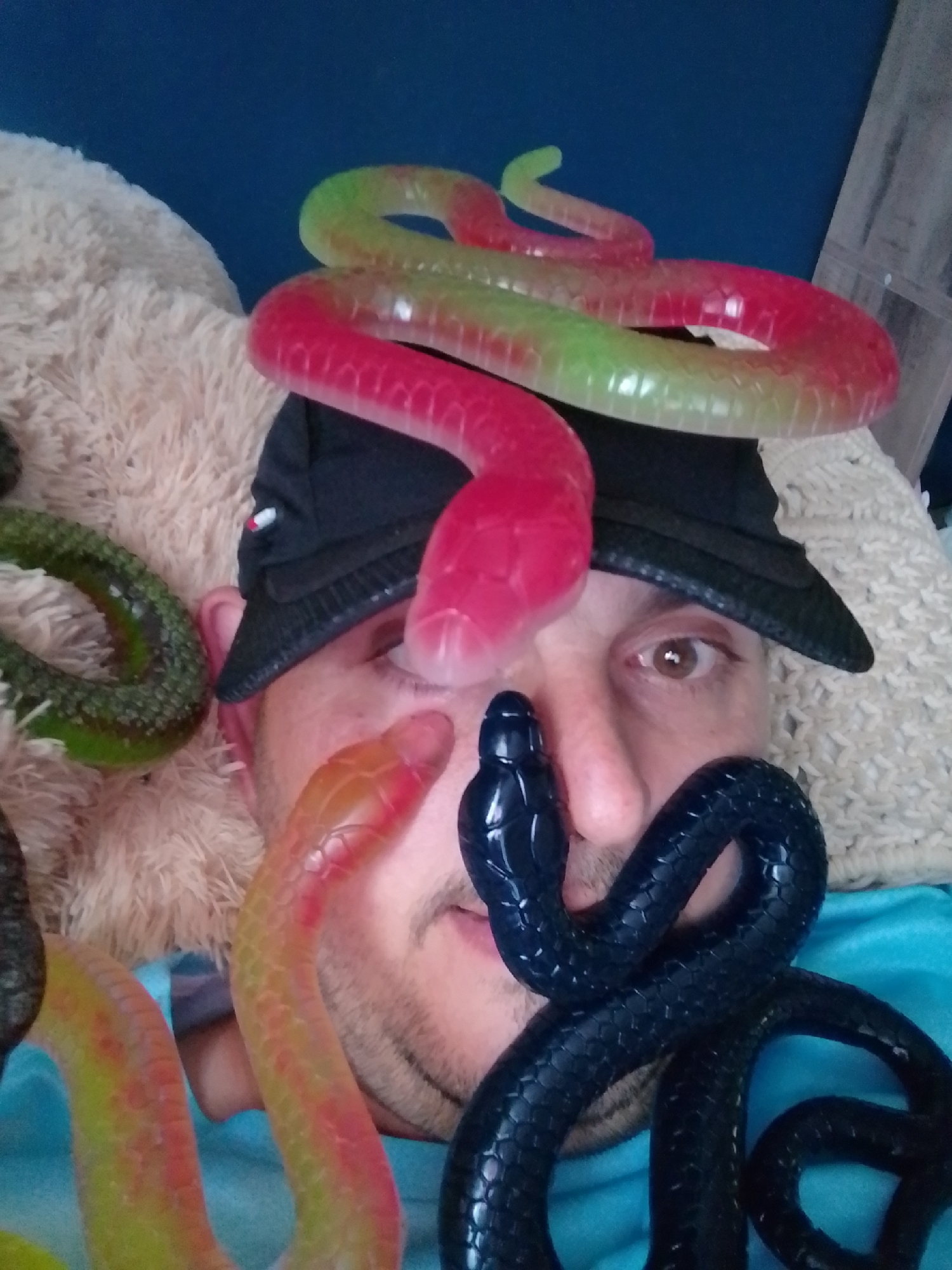 In a close-up, eye-level shot, a person is partially visible from the nose down, wearing a black baseball cap. The person's face is mostly obscured by several brightly colored, flexible toy snakes. One snake, transitioning from pink to green, loops over the person's head and cap. Another, a translucent orange and red snake, snakes down the right side of the face. A solid black toy snake is coiled prominently in front of the person's chin. The background includes a textured, light-colored fabric and a dark blue surface. The person is resting on a large, fuzzy, light-colored stuffed animal, possibly a bear, which is visible on the left side of the frame. The overall scene suggests a casual, indoor setting. The location in the city of Wedel, Germany, is not discernable from the visual information provided.