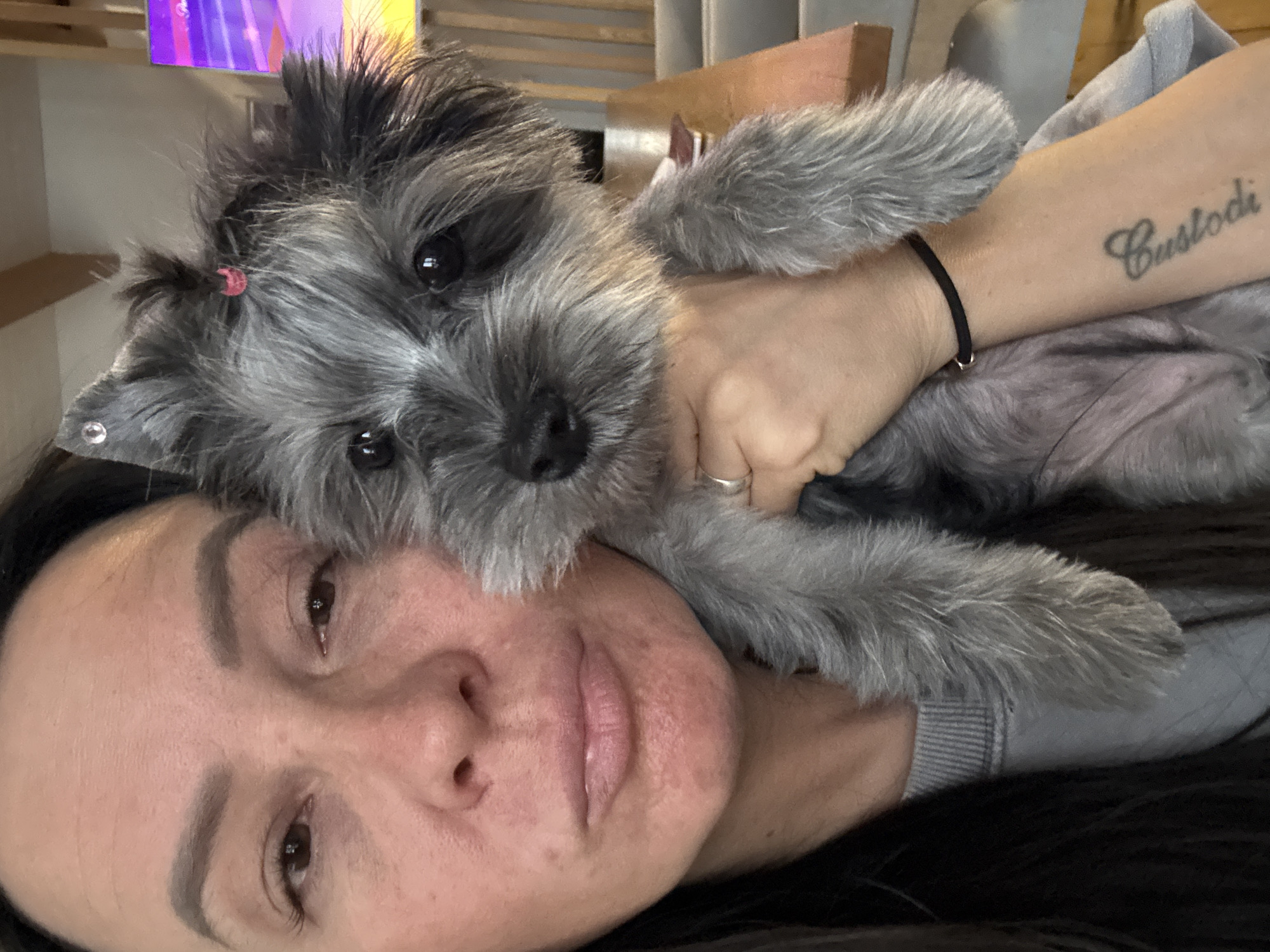 A selfie photograph depicts a woman lying down while holding a small, gray, furry dog close to her face. The woman has dark hair and light skin with visible pores and some blemishes. She has a tattoo that says "Custodi" on her left forearm, and she's wearing a black bracelet. The dog has a small red hair tie in its fur and a clear earring. The background includes a television screen with bright colors, wooden furniture, and a gray upholstered object. The location is not discernible as the scene could be anywhere.
