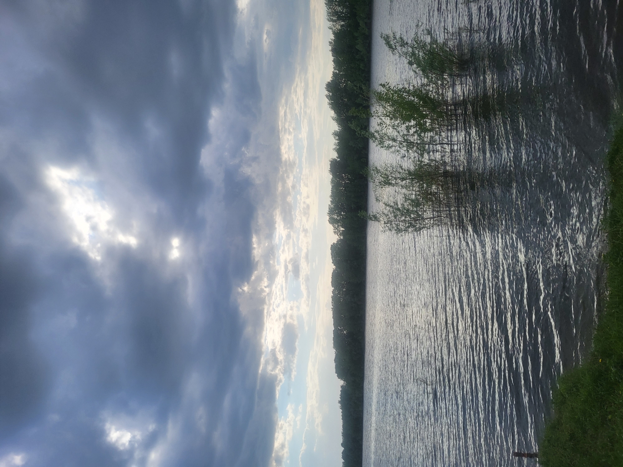 The image depicts a body of water, likely a lake or wide river, with a treeline along the opposite bank. The foreground includes some grass and vegetation. The sky is overcast with dark, heavy clouds, though there are some breaks in the clouds revealing patches of lighter sky. There is a reflection of the trees visible in the water. The location and the details surrounding the city of Chaikovsky, Russia, is not discernible.