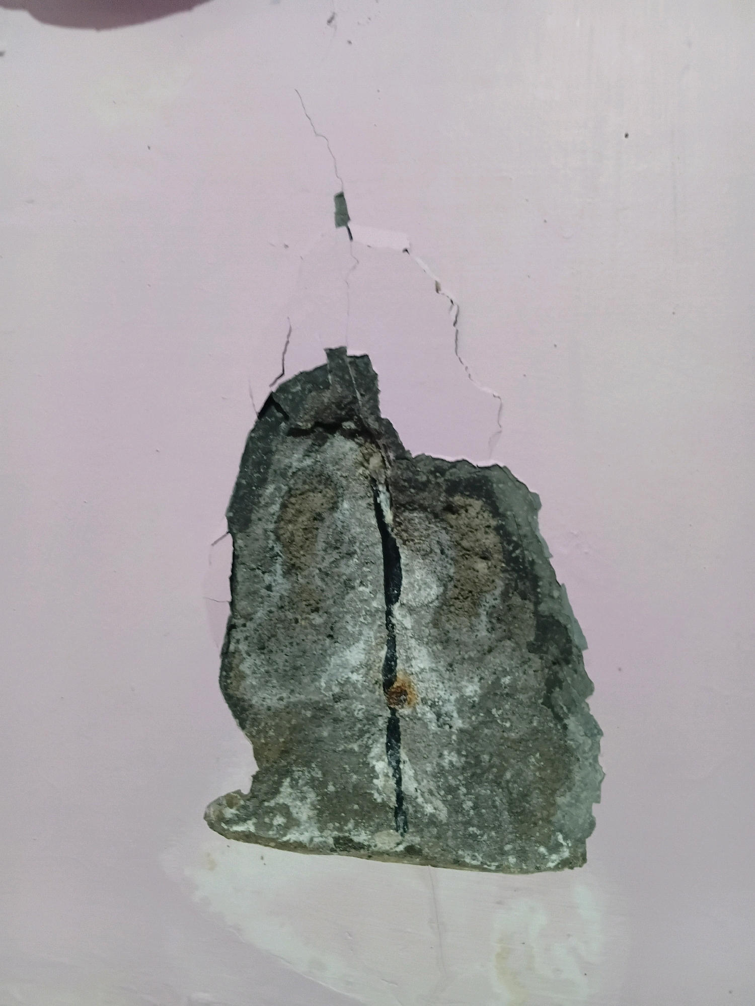 A close-up, head-on shot captures a section of a pink painted wall with a large, jagged piece of plaster missing, revealing the rough concrete beneath. The exposed concrete is grey and textured, with visible cracks and staining. A thin, dark crack runs vertically through the center of the damaged area. The lighting suggests an indoor environment. No people or specific location in Cikal, Indonesia are visible.