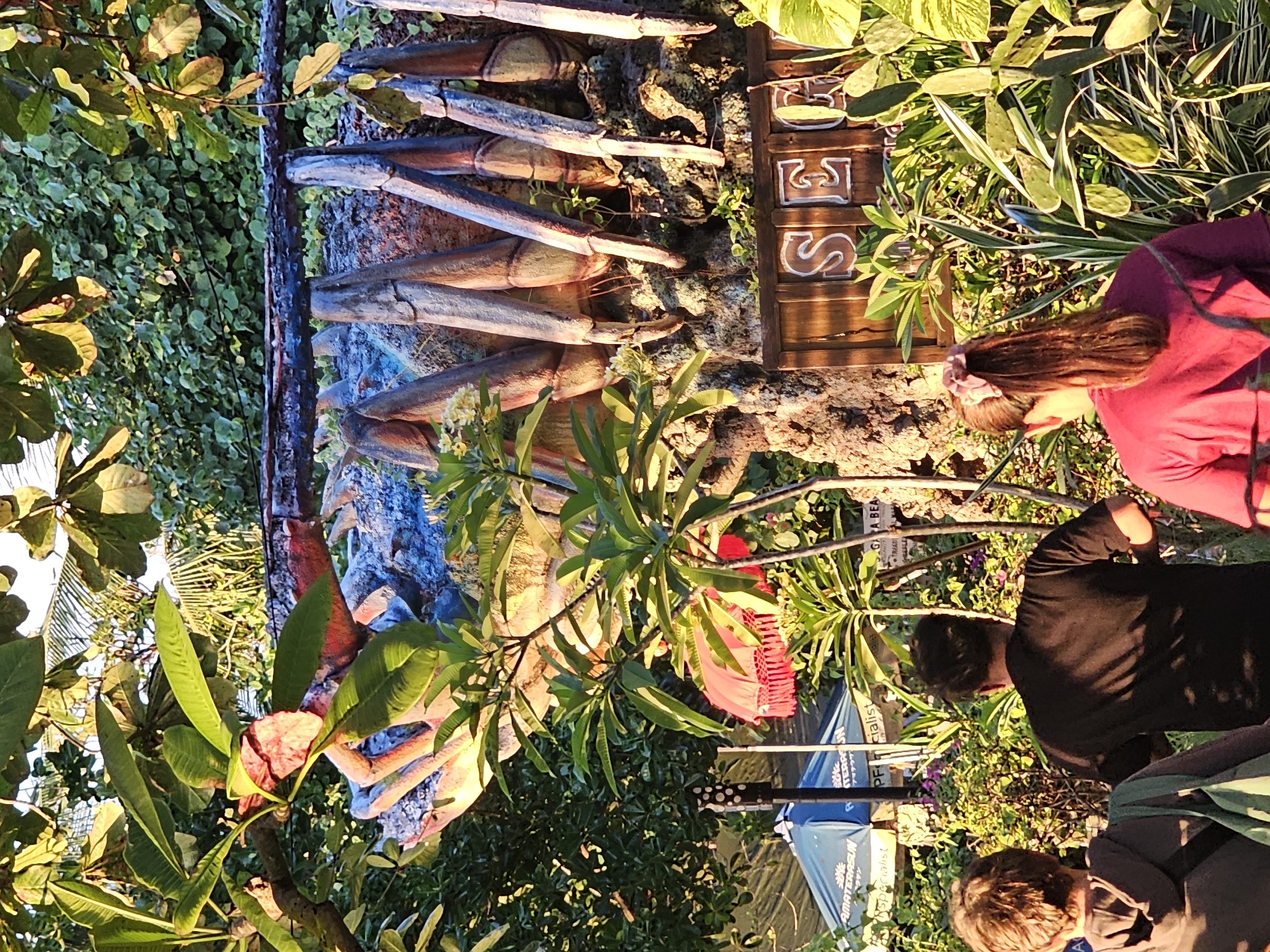 The image shows a group of people outdoors, possibly tourists, standing amidst lush greenery near a sign. The sign reads "SESES," likely indicating the location. The environment is tropical, with a variety of plants and trees. The image likely captures a scene in Denpasar, Indonesia, given the location information. There appears to be a decorative element resembling large crab claws or spears made of bamboo or wood adjacent to the sign, adding to the scene's character. The photo is taken at ground level, offering a candid glimpse into the area and the people visiting it.