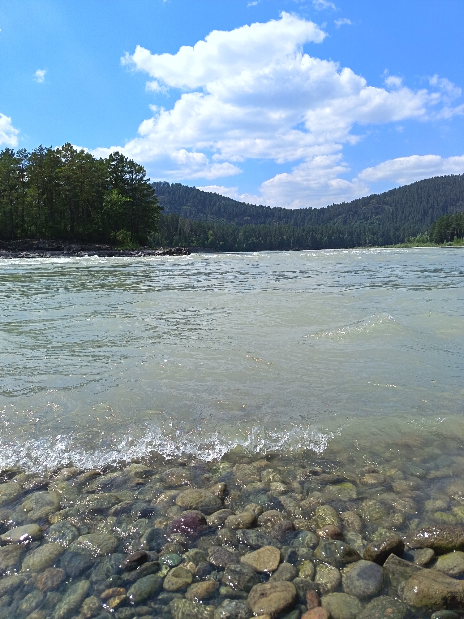 The image captures a serene natural landscape featuring a wide, flowing river in the foreground and a dense, forested mountainside in the background, all under a bright blue sky with scattered white clouds. The river's surface is a mosaic of rippling water, with small waves lapping at a rocky shore composed of smooth, rounded stones. The water appears somewhat opaque, with a greenish-grey hue. On the left bank of the river, a line of tall, dark green coniferous trees stands sharply against the lighter green slopes of the mountains. The mountains themselves are heavily wooded, with the dark green of the trees creating a textured pattern that recedes into the distance. The sky is a vibrant blue, with fluffy white cumulus clouds adding depth and visual interest to the scene. There are no visible people or human-made structures, suggesting a remote, natural setting. The scene is likely a remote part of the city of Nizhnekaiysha, Russia, given the geographical context of the provided information.
