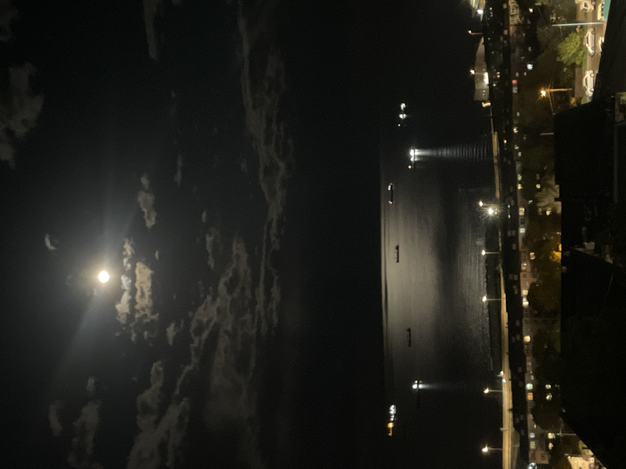 This is a night scene in Vladivostok, Russia, showing a body of water (possibly the Amur Bay) and the coastline. The moon is visible in the sky along with scattered clouds. A row of lights lines the coast, likely street lamps along a road or promenade. Buildings with illuminated windows are also visible along the shoreline. Several boats or ships, identified by their lights, are scattered across the water.