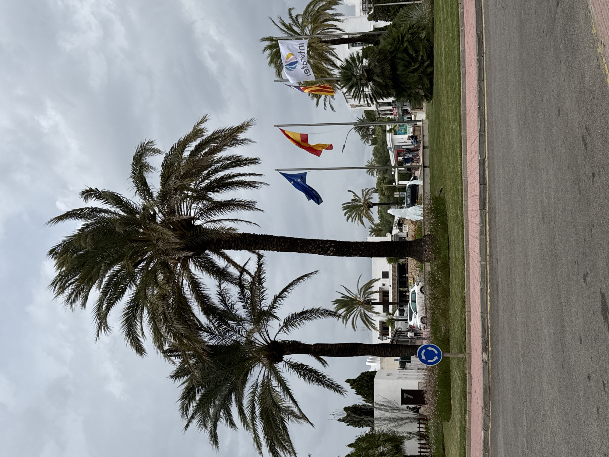 The image shows a street scene in Santanyí, Spain, characterized by palm trees, national and regional flags, and typical white architecture. A two-lane road is visible on the right, bordered by a sidewalk.
Flags are displayed on poles, including the EU flag, the Spanish flag, the Catalan flag, and a fourth flag that says "lulotel".
A roundabout sign is positioned beside the road and grassy area. Palm trees are prominently featured. White buildings are seen in the background.